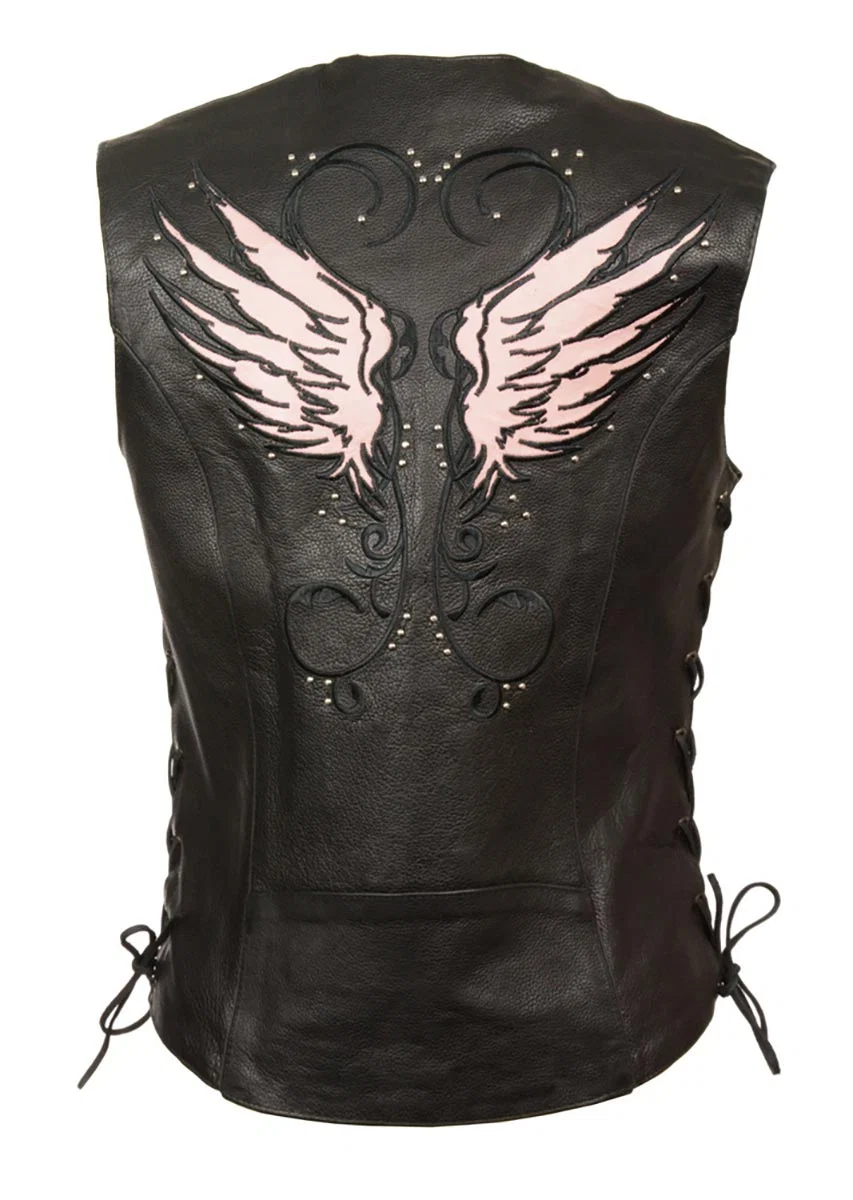 High-End Milwaukee Leather ML1293 Women's Black and Pink Wing Studded Leather Vest Clean