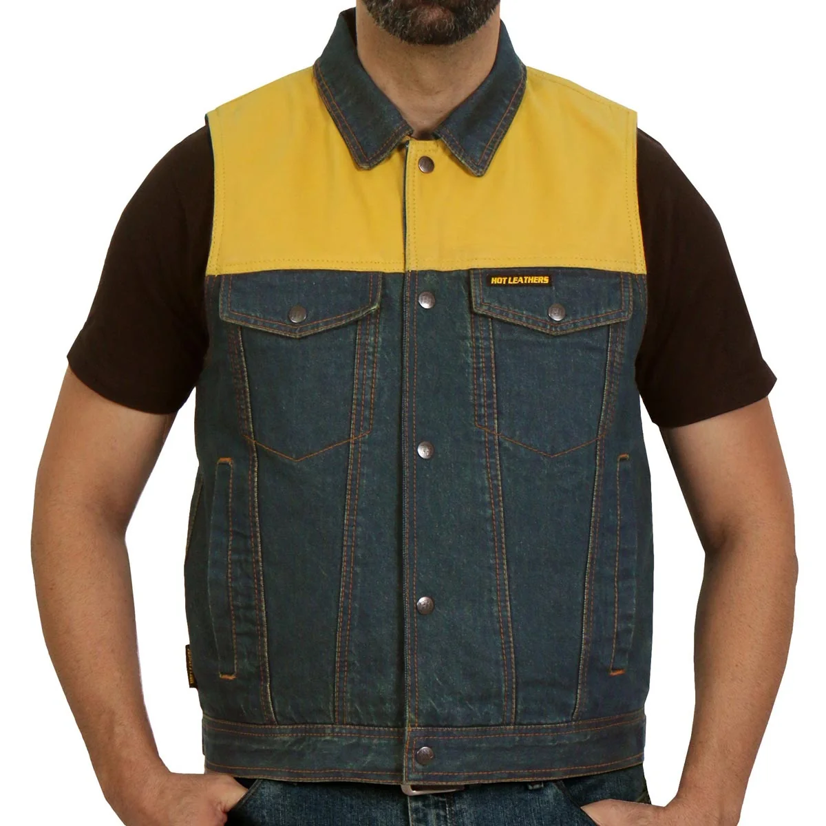 Unique Hot Leathers M6103 Men's '2-Tone' Leather and Denim Club Style Biker Vest Reliable