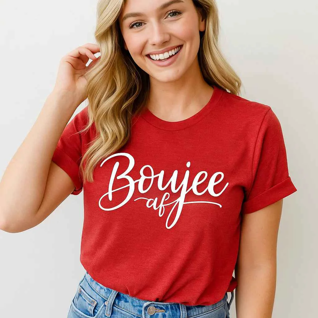 Premium Boujee Uff Red Women s Graphic T-Shirt with White Script Print and Short Sleeves Easy-to-Use