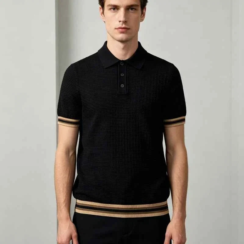 Casual Men s Black Textured Short-Sleeve Polo Shirt with Striped Trim Reliable