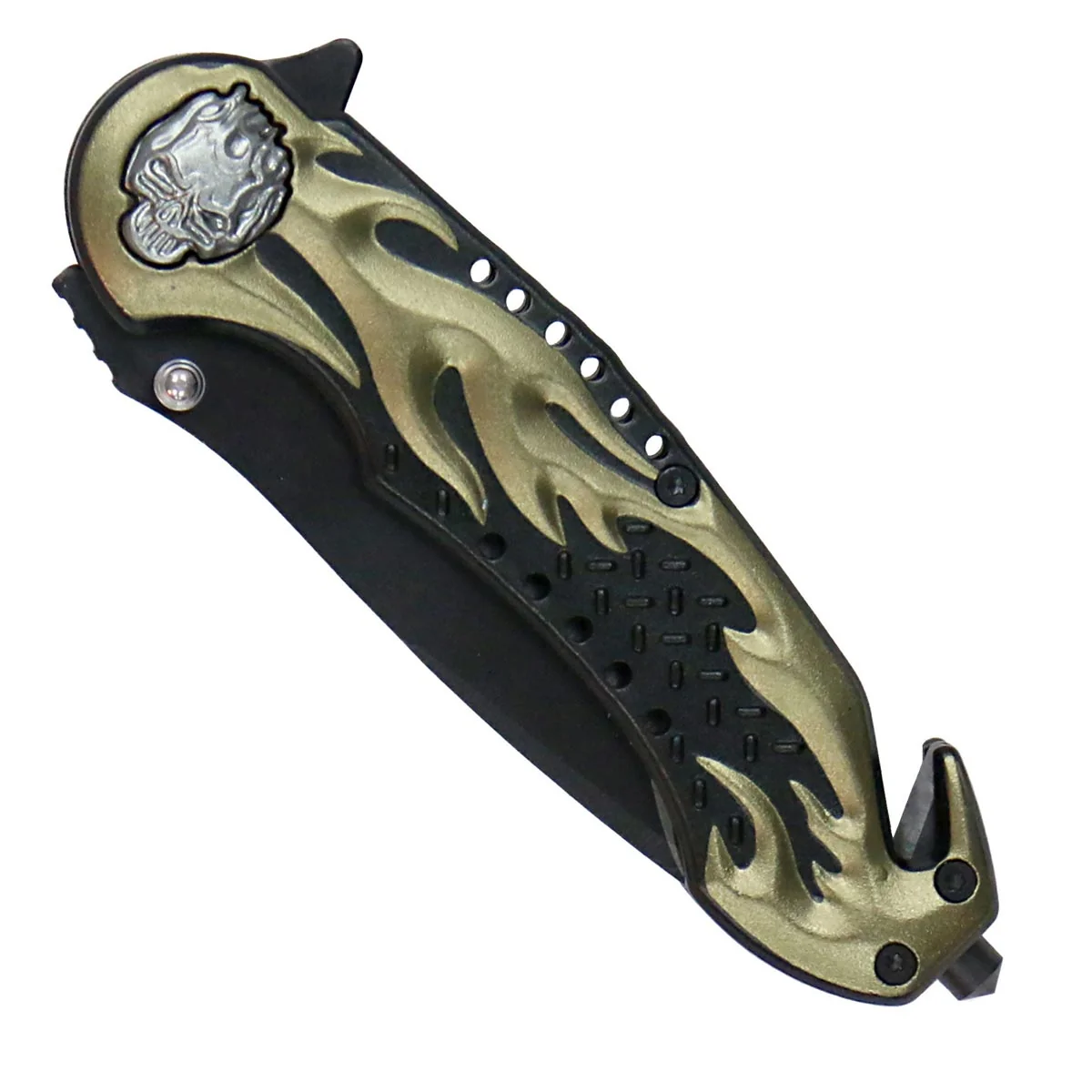 Genuine Hot Leathers KNA1134 Gold Flaming Skull 3.5 Folding Knife Green
