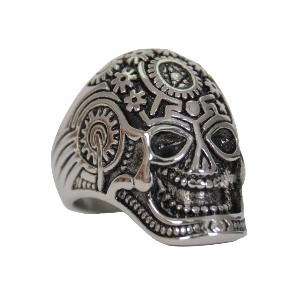 Powerful Hot Leathers JWR2134 Men's Silver 'Quantum Mechanic Skull' Stainless Steel Ring Detailed