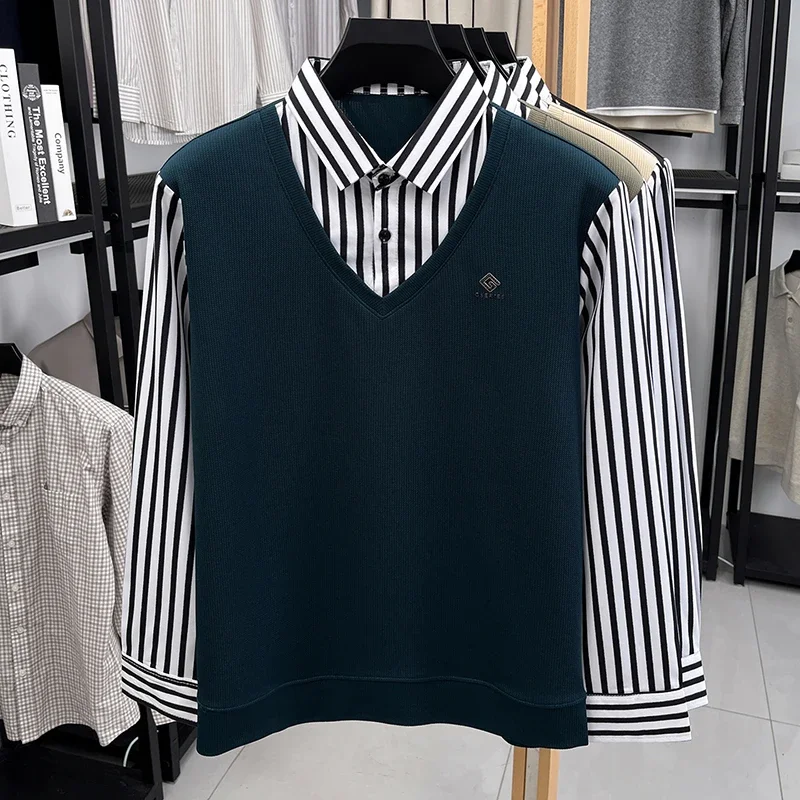 Minimalist Men s Business Casual Striped Long Sleeve Shirt with Sweater Vest – Fake Two-Piece Top Dependable