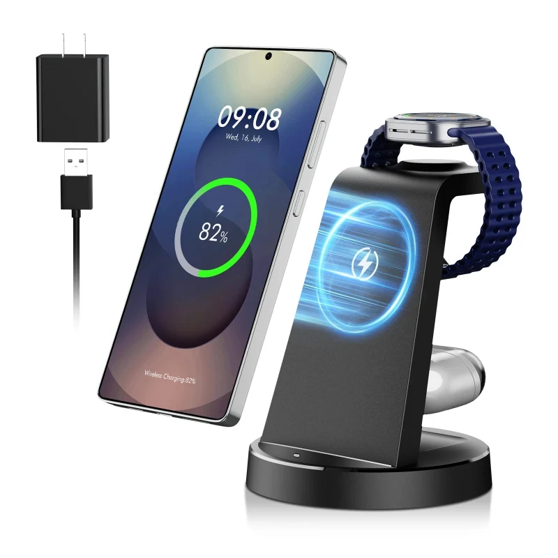 Stylish 3-in-1 Magnetic Wireless Charger 15W – Foldable Charging Dock for Samsung iPhone Galaxy Watch Functional