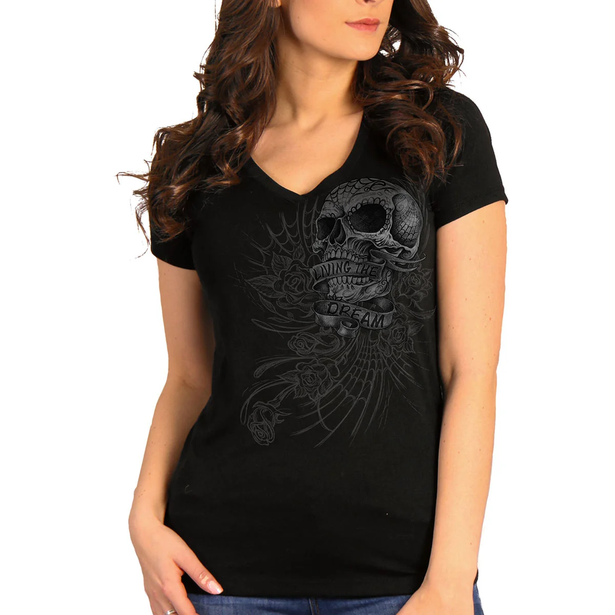 Enhanced Hot Leathers GLC1565 Ladies Black Sweet Demise V-Neck Shirt Minimalist