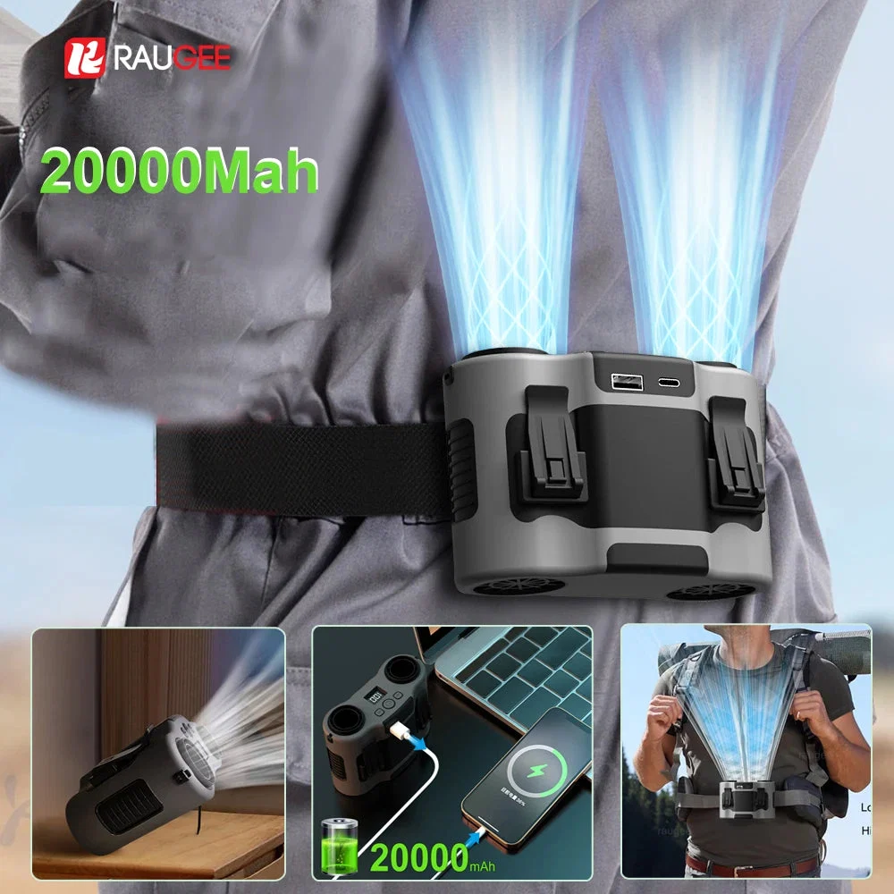 Elite 20000mAh Wearable Waist Clip Fan – Dual Air Outlet USB Rechargeable Hands- Cooling for Hiking Outdoor Work Fine Crafted