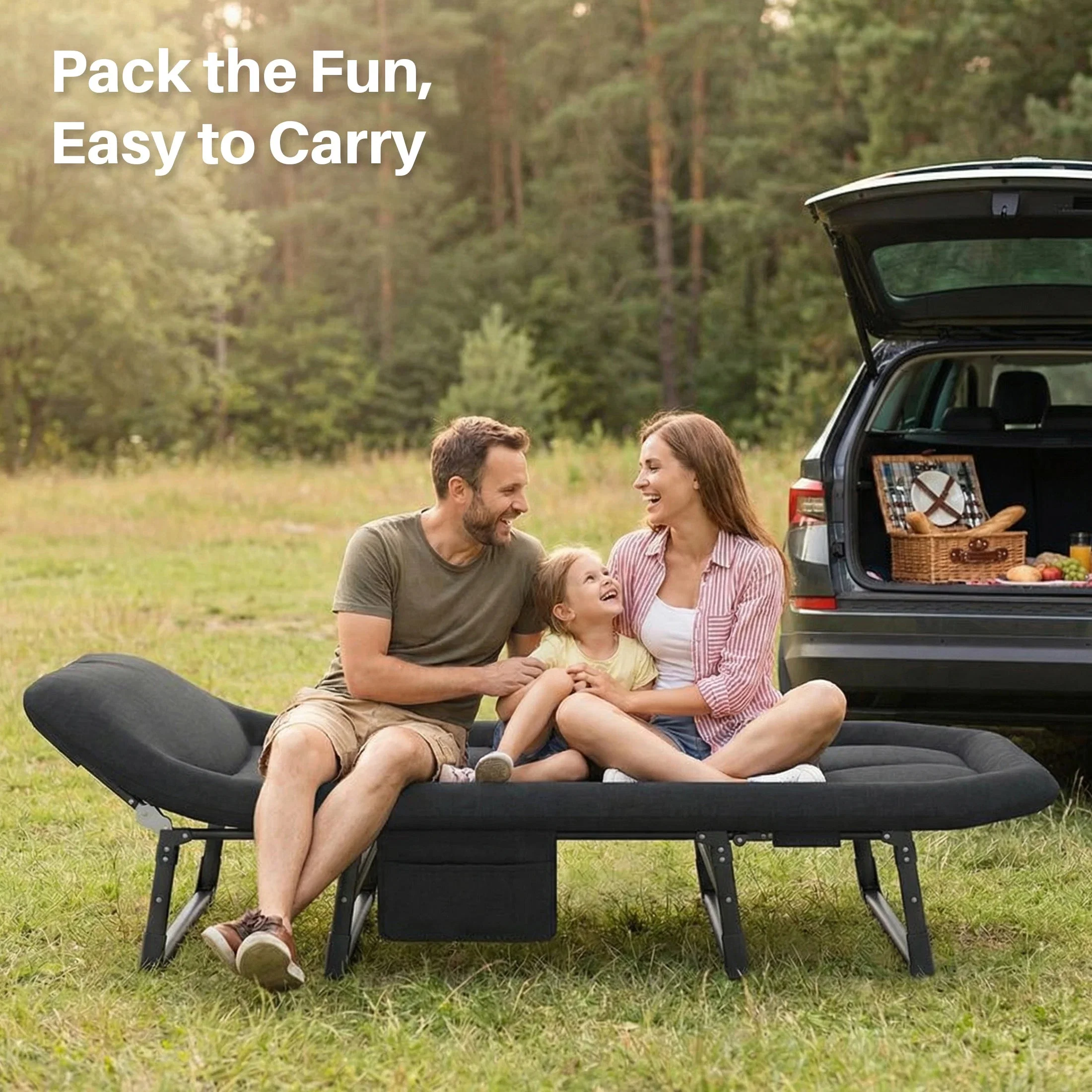 Genuine JHK Folding Camping Cot with Mattress – 450 lbs Capacity Carbon Steel Frame 6-Angle Adjustable Bed with Carry Bag for Camping Home Proven