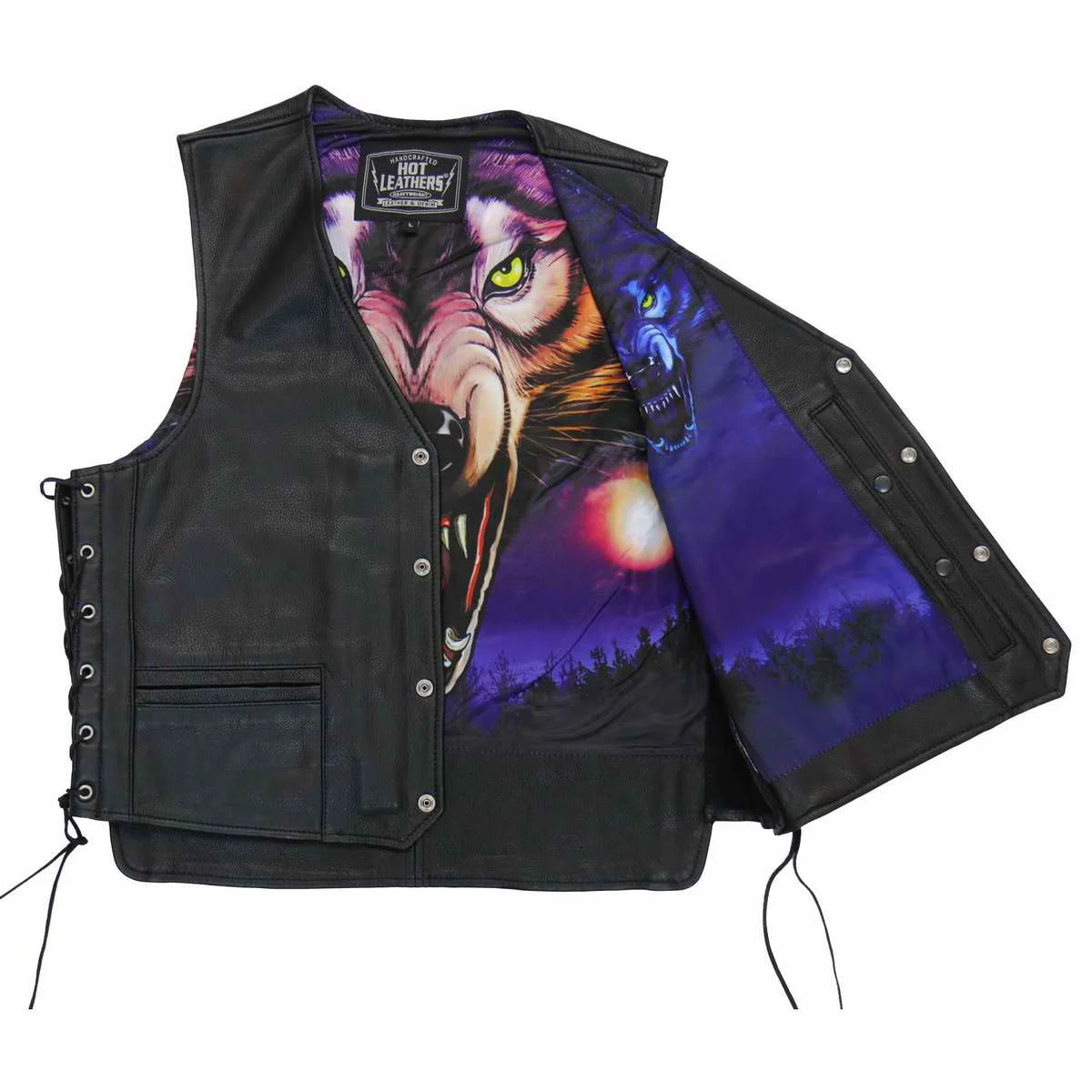 Superior Hot Leathers M1062 Men's Black Lone Wolf Conceal and Carry Side Lace Leather Vest Safe