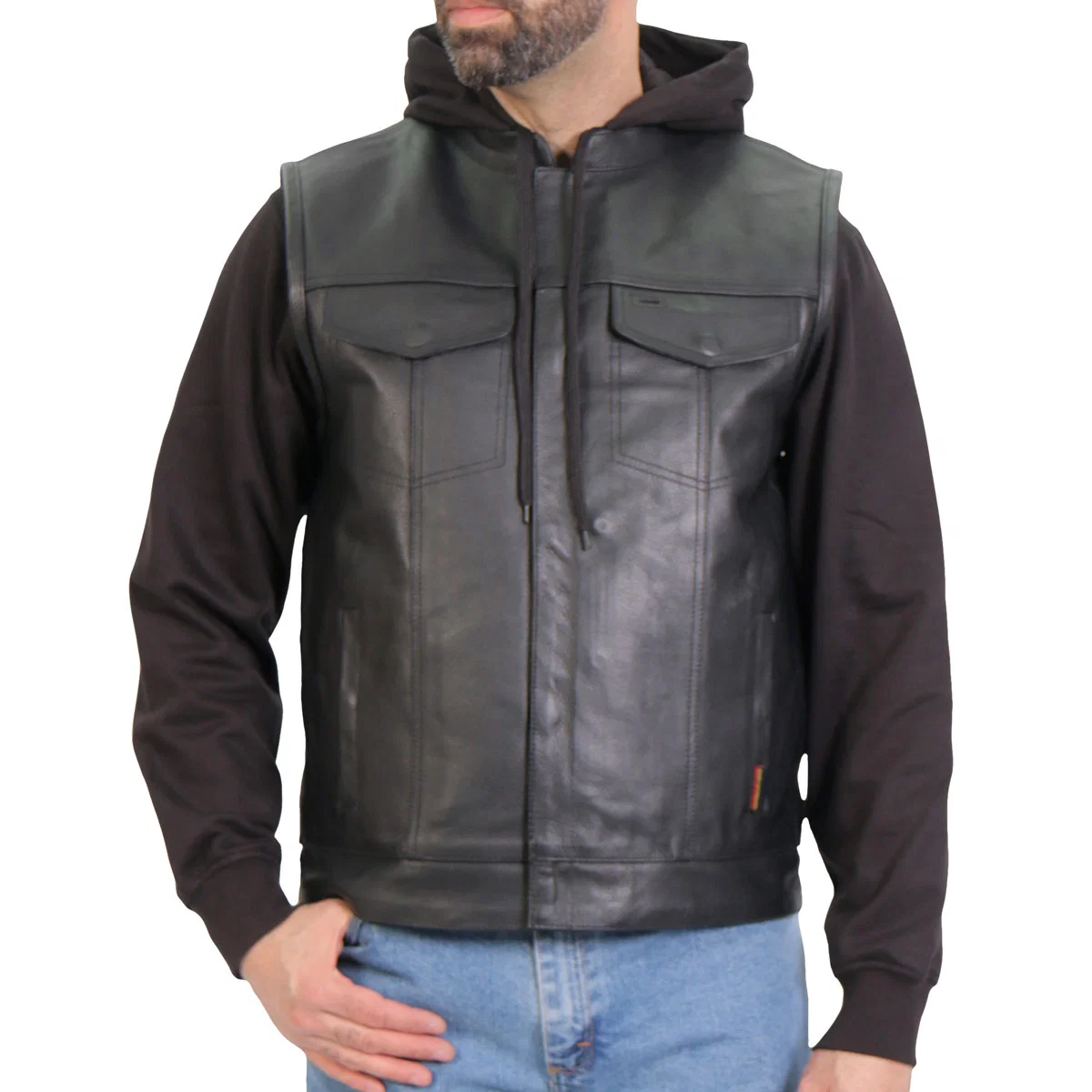 Official Hot Leathers M1202 Men's Black '2-in-1' Conceal and Carry Leather Vest with Hoodie Elegant