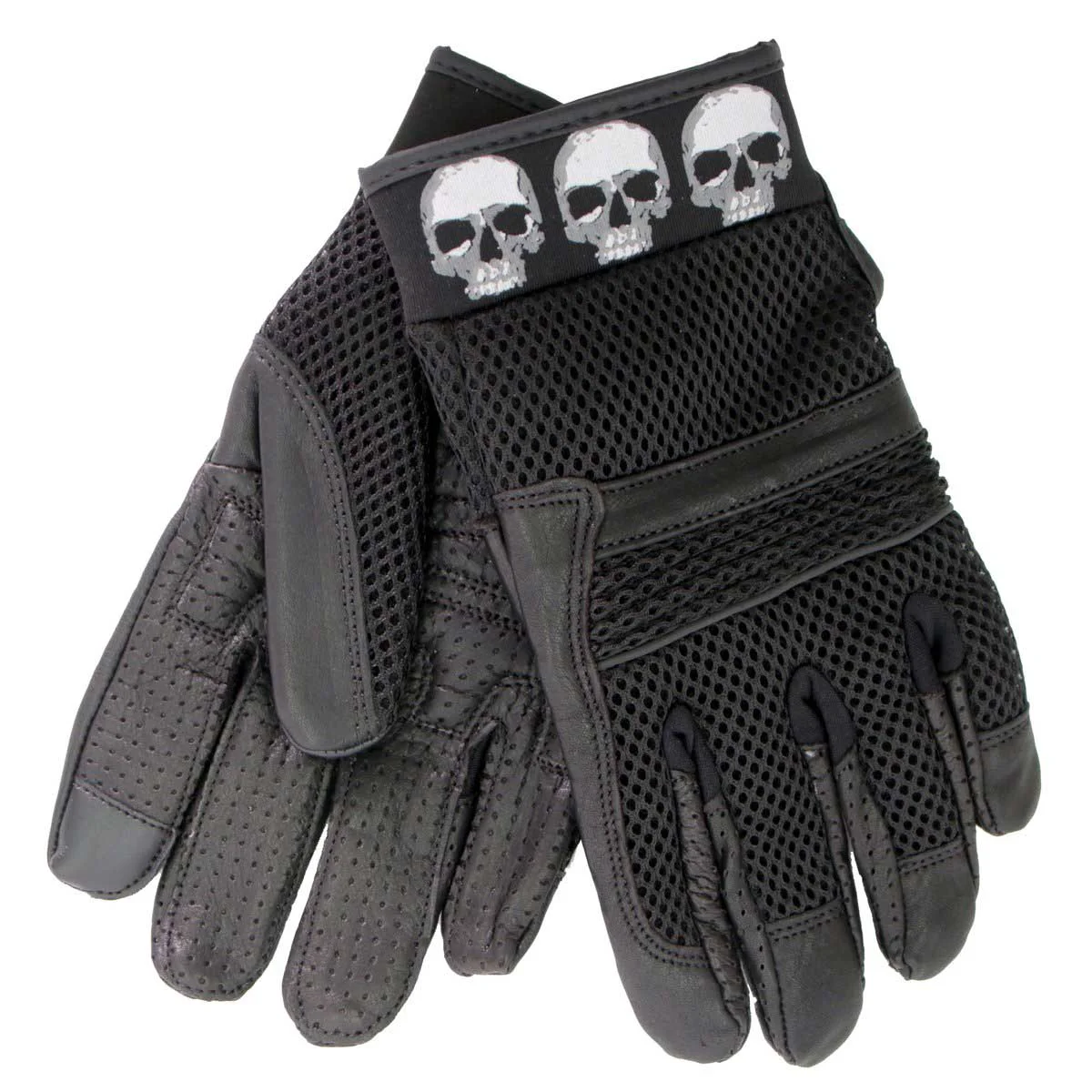 Certified Hot Leathers GVM1301 Uni-Sex Black 'Row of Skulls' Leather and Mesh Gloves with i-Touch Screen Practical