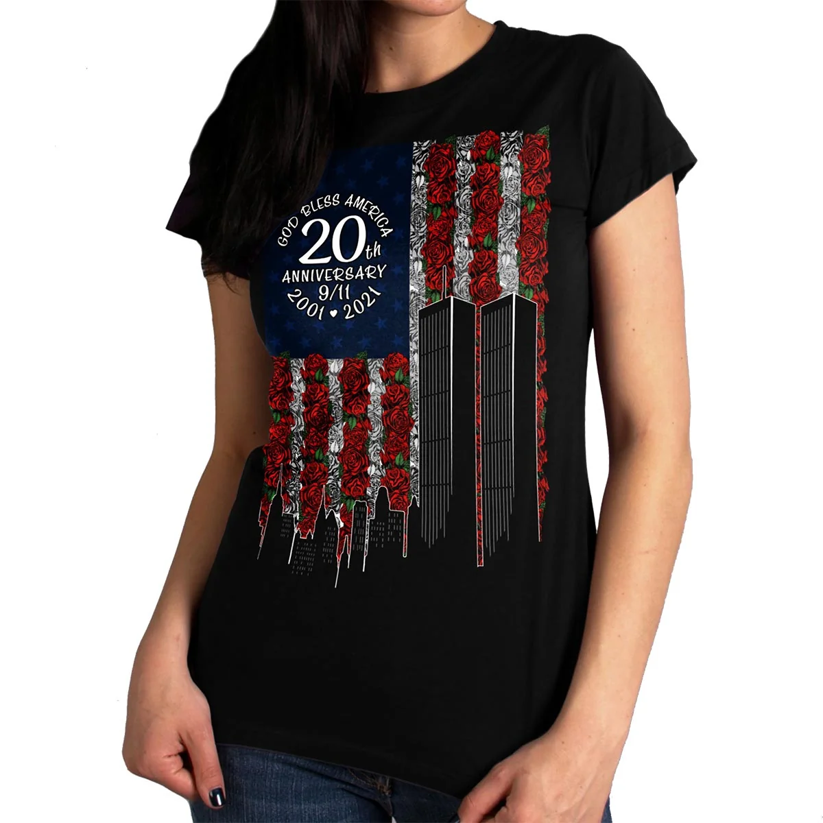 Carefully Designed Hot Leathers GLR1350 Ladies Black '9-11 Roses and Flag' T-Shirt Smooth
