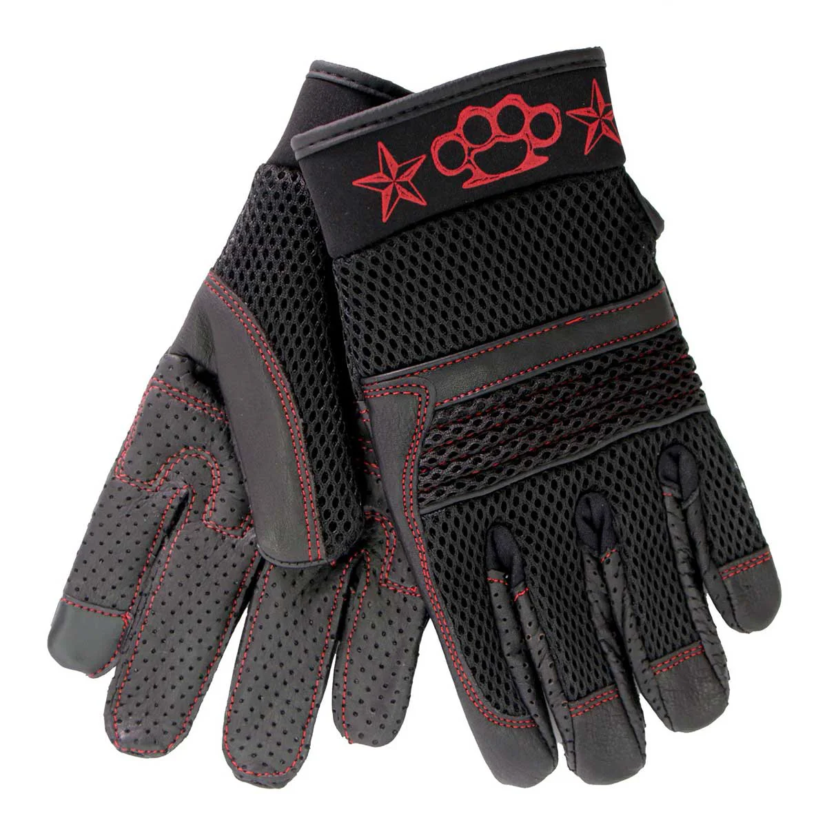 High-End Hot Leathers GVM1302 Uni-Sex Black 'Brass Knuckles' Leather and Mesh Gloves with i-Touch Screen Convenient
