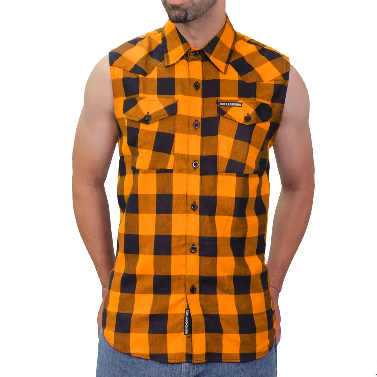 High-Quality Hot Leathers FLM5003 Men s Black and Orange Sleeveless Cotton Flannel Shirt Stylish