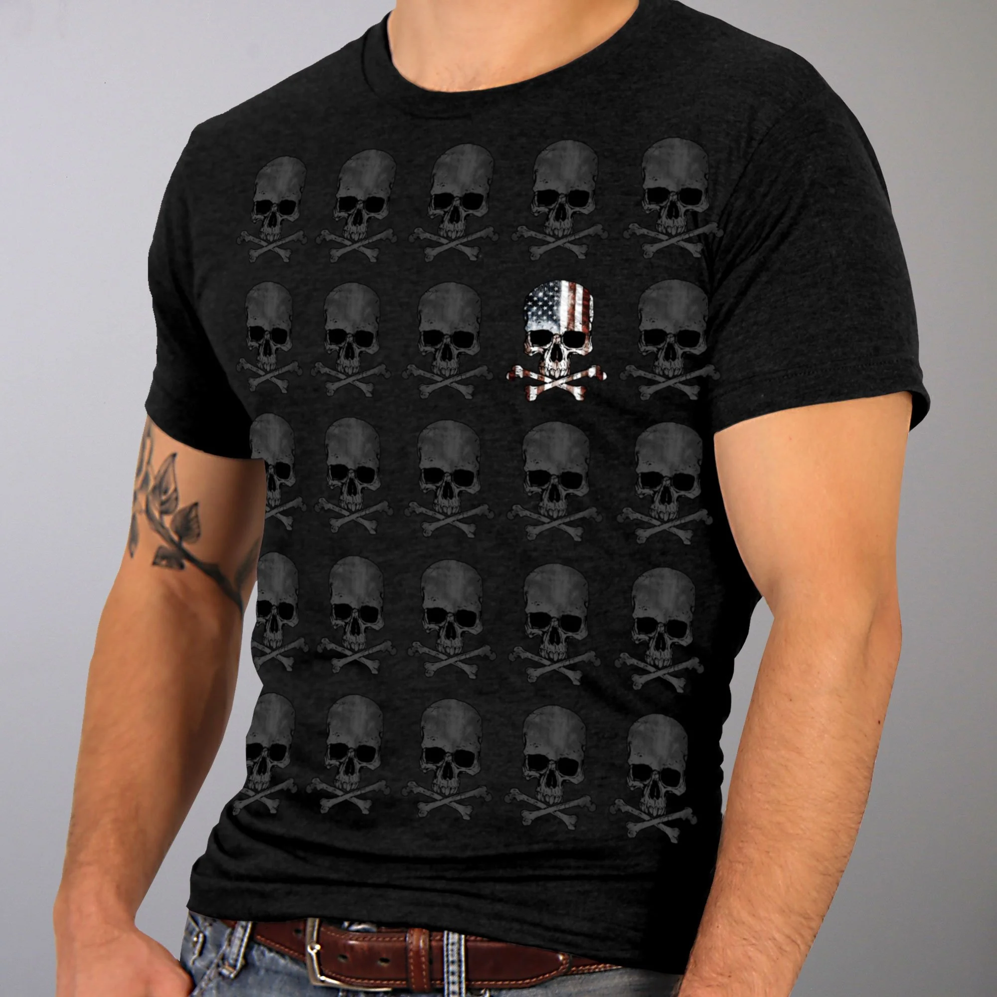 Exclusive Hot Leathers GMS1440 Mens Skull Pattern Jumbo Print Black T-Shirt High-Grade