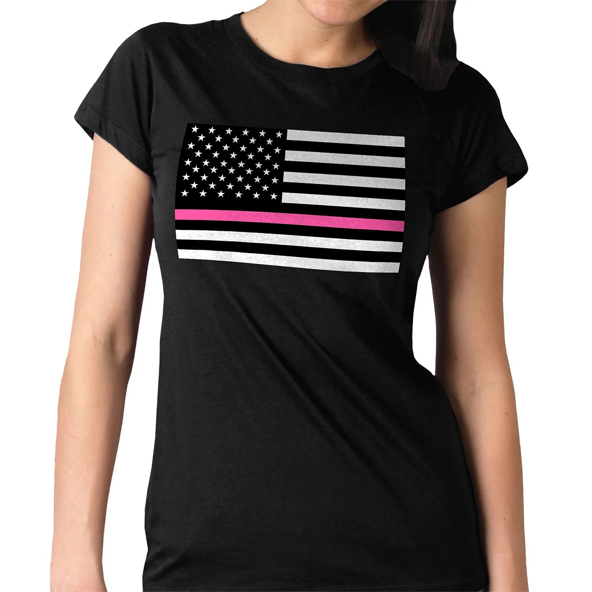 Verified Hot Leathers GLR1515 Ladies Full Cut Thin Pink Line American Flag Black T-Shirt Unique
