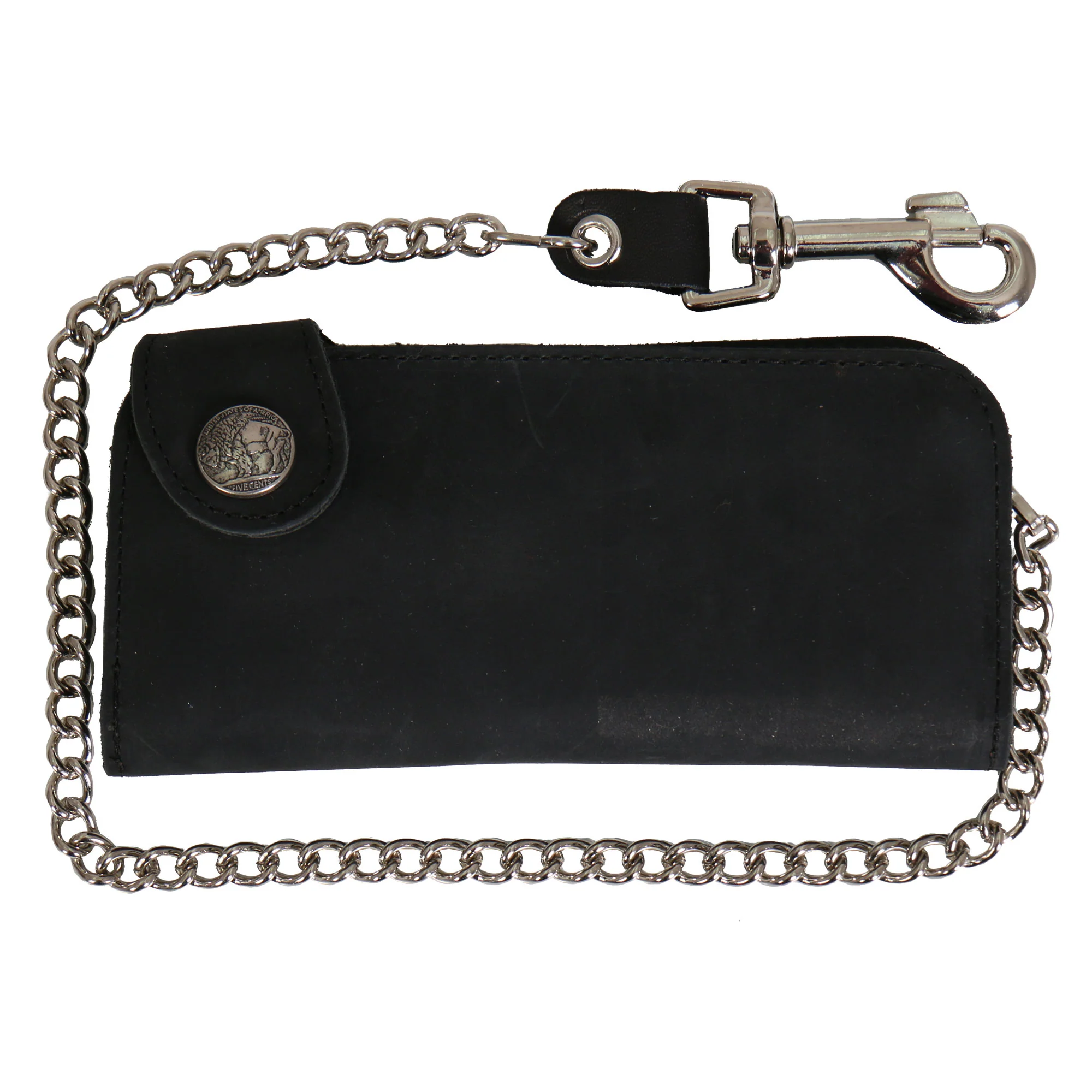 Exclusive Hot Leathers WLA3001 Black Buffalo Nickel Snap Bi-Fold Wallet with Chain Advanced