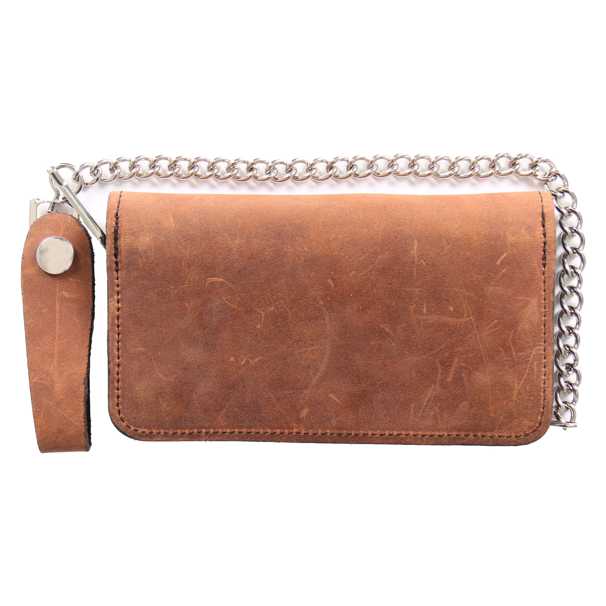Classic Hot Leathers WLC2012 7 Bi-Fold Brown Leather Wallet with Chain Refined