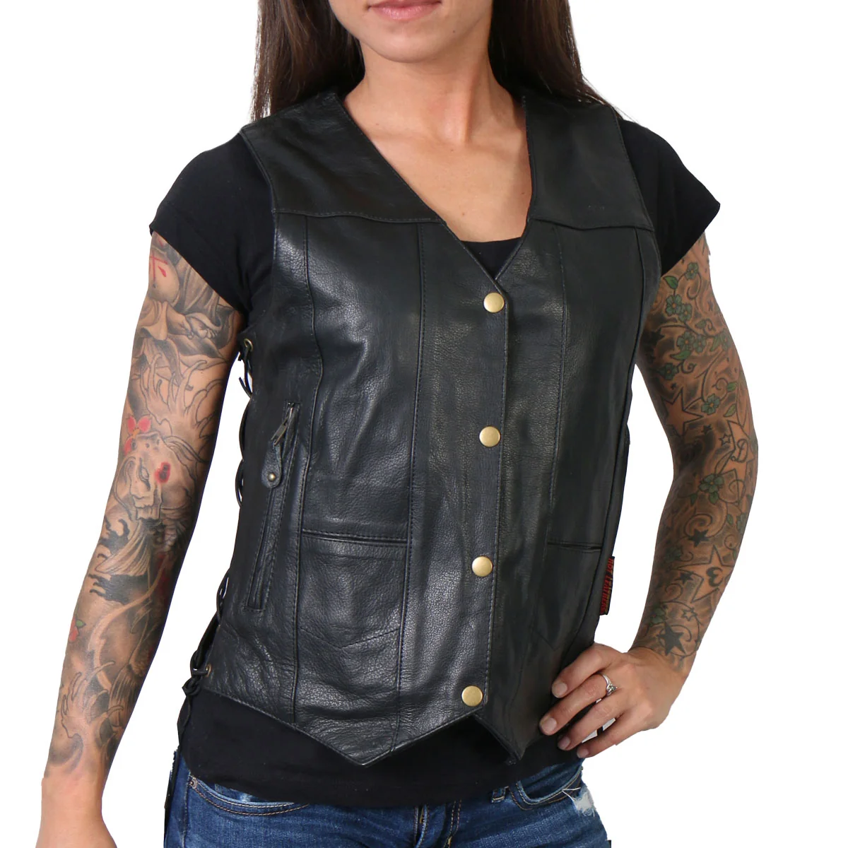 Convenient Hot Leathers L1008 Ladies Black 'Ten Pocket' Leather Vest Minimalist