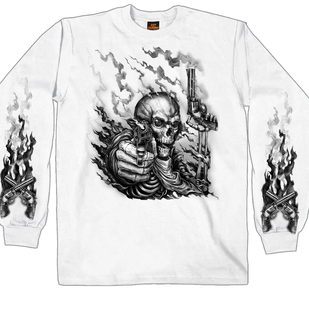 Fine Hot Leathers GMS2426 Men s Smoking Guns Skeleton Long Sleeve White T-Shirt Advanced
