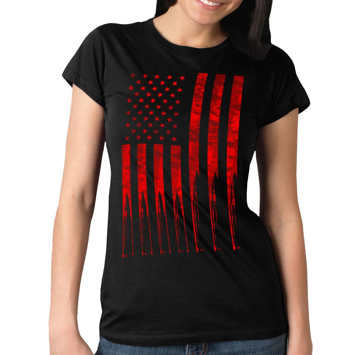 Specialty Hot Leathers GLR1498 'Flag and Bullets' Full Cut Ladies Black T-Shirt Proven