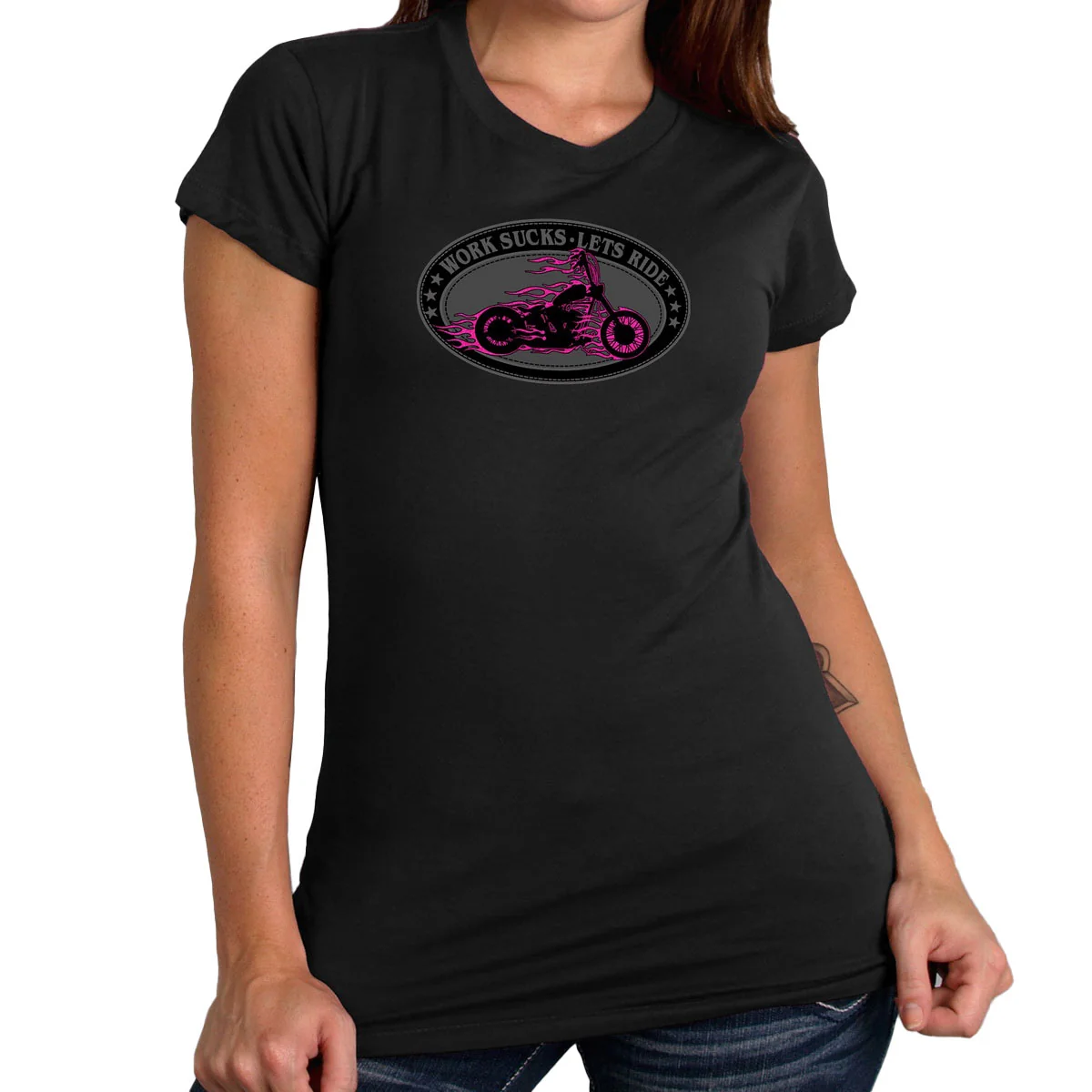 Reliable Hot Leathers GLR1499 'Work Sucks-Lets Ride Oval' Ladies Black T-Shirt Environmentally Friendly