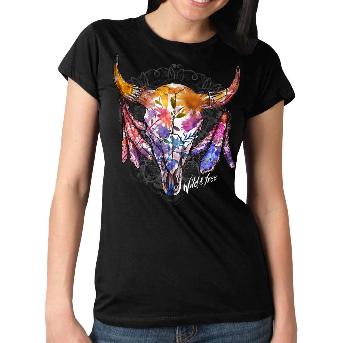 Elegant Hot Leathers GLR1497 Ladies 'Wildflowers Wild and ' Short Sleeve Black T-Shirt User-Friendly