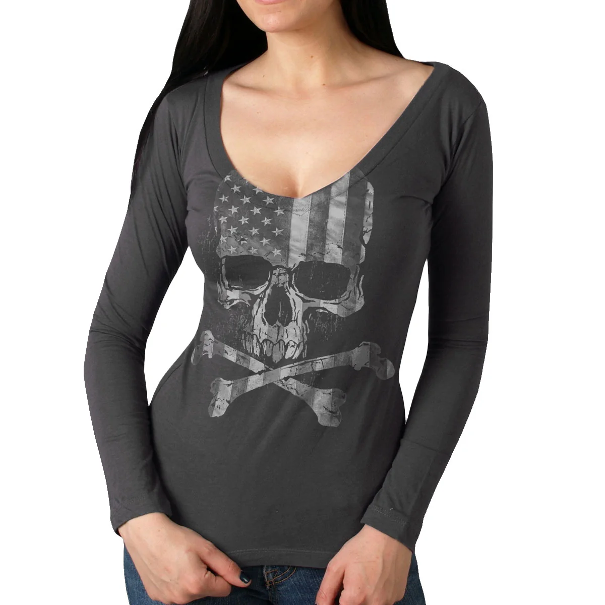 Superior Hot Leathers GLC3495 Flag Skull Ladies Smoke Color Long Sleeve Shirt High-Quality