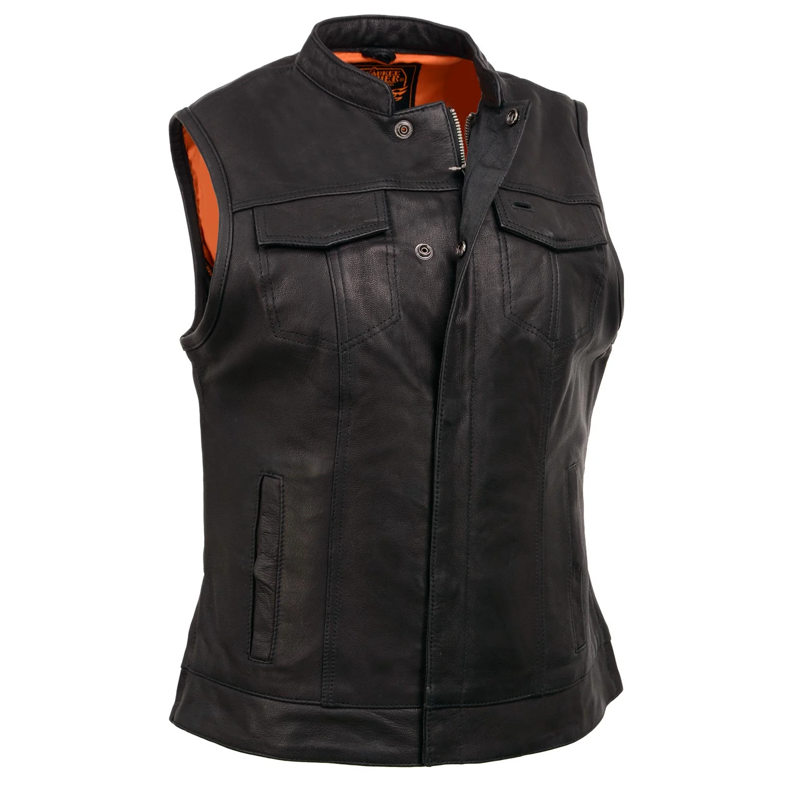 Functional Milwaukee Leather MLL4512 Women s Lashes Black Leather Club Style Motorcycle Rider Vest w Concealed Closure Practical