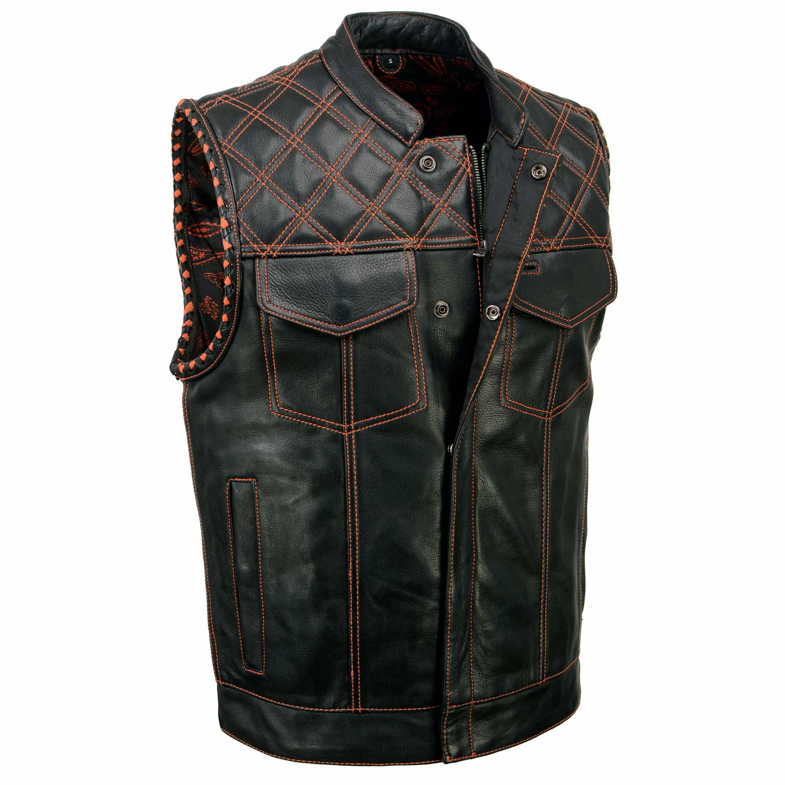 World-Class Milwaukee Leather MLM3527 Men's Black 'Paisley' Accented w Orange Stitching Leather Vest – Armhole Trim Safe