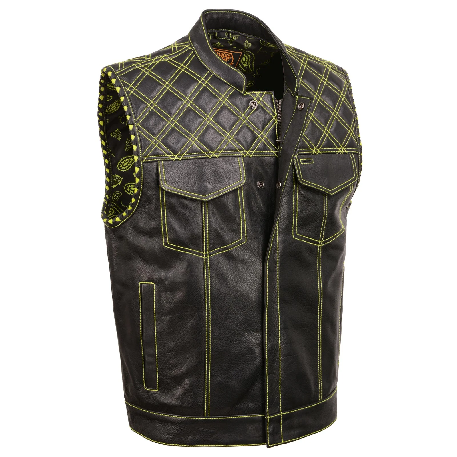 Breathable Milwaukee Leather MLM3528 Men's Black Paisley Lined Leather Vest w Neon Green Stitching Armhole Trim Relaxed