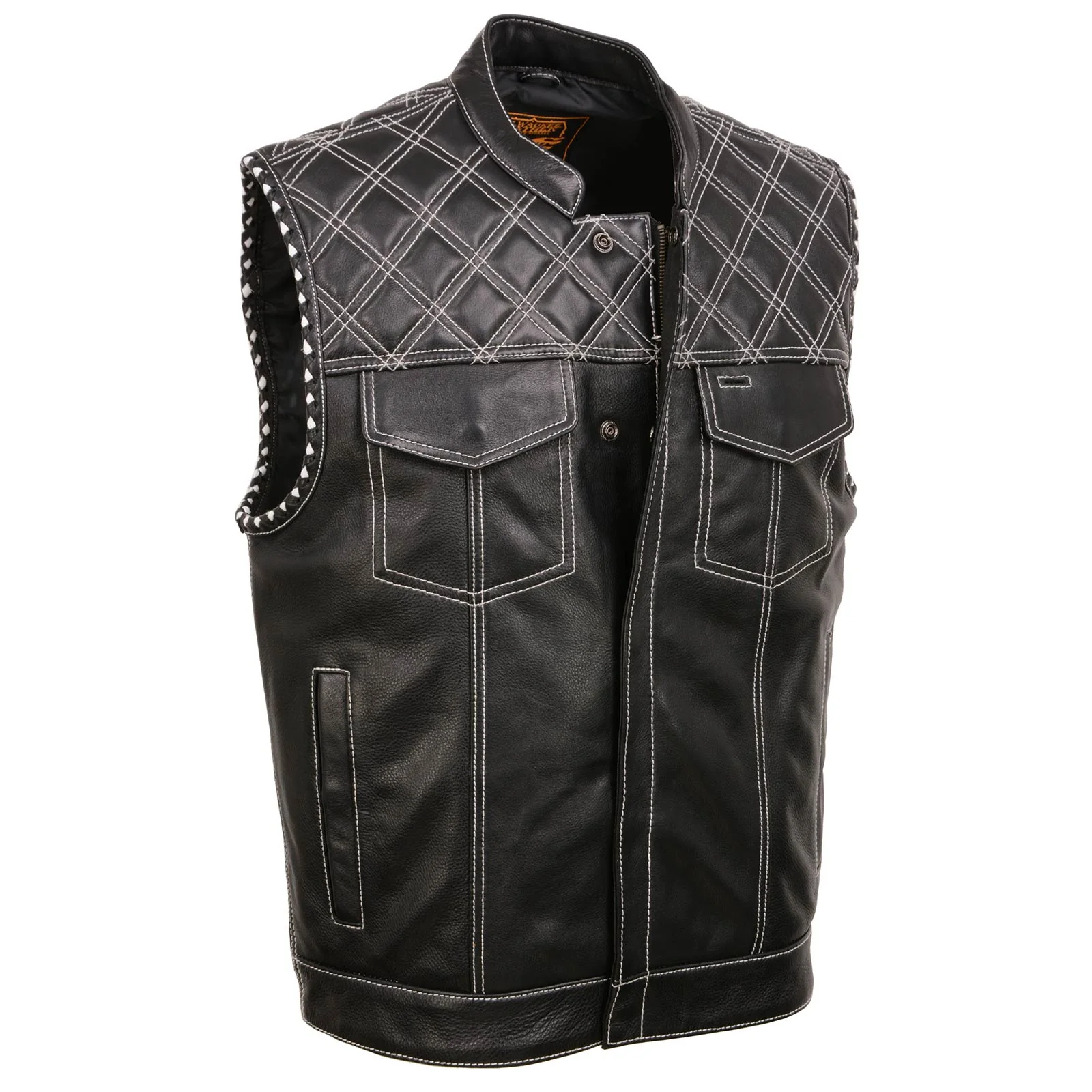 Advanced Milwaukee Leather MLM3525 Men's Black 'Paisley' Accented White Stitching Leather Vest – w Armhole Trim Open Collar Design Healthy