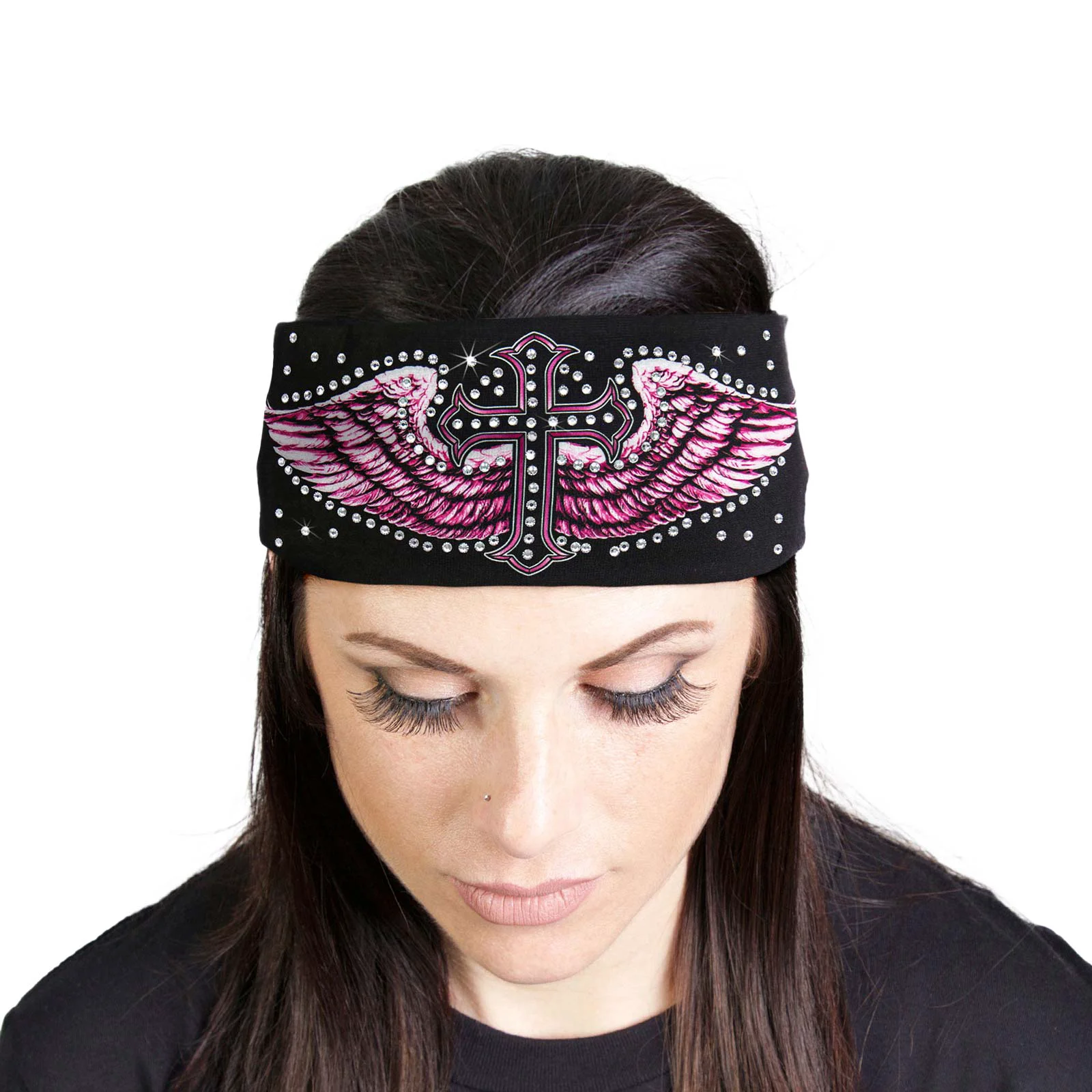 Smooth Milwaukee Leather Bling Designed Wide Headbands-Headwraps for Women Biker Bandana with Cross Wings Alt - MLA8017 Recyclable
