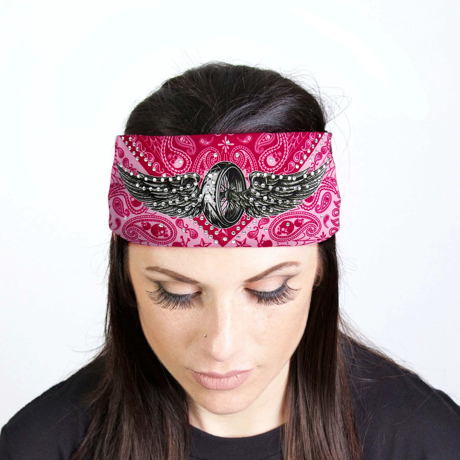 Professional Milwaukee Leather Bling Designed Wide Headband-Headwrap for Women Biker Bandana with Flying Wheel Shield- MLA8024 Modern