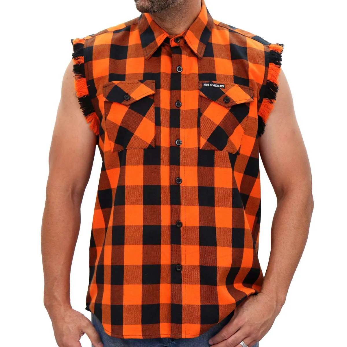 Elegant Hot Leathers FLM5210 Men's Sleeveless Fringe Orange and Black Flannel Shirt Excellent