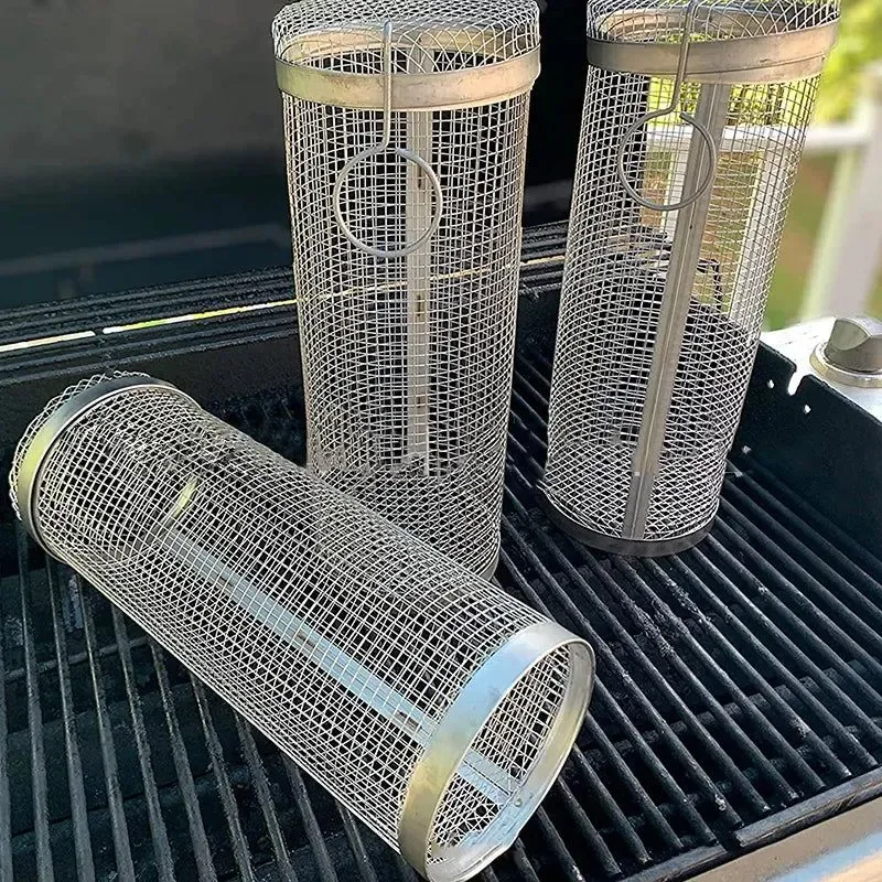 Flexible Stainless Steel Rolling Grilling Basket - Portable Round BBQ Basket for Outdoor Camping Barbecue Rack Optimized
