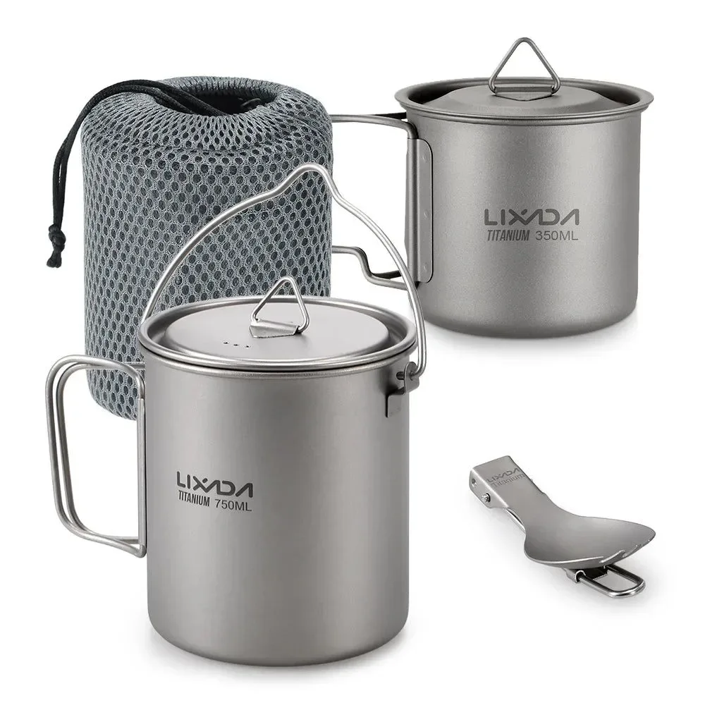 Reusable Titanium Camping Pot Cup Set with Folding Spork – Ultralight Cookware for Backpacking Outdoor Cooking 2 or 3-Piece User-Friendly