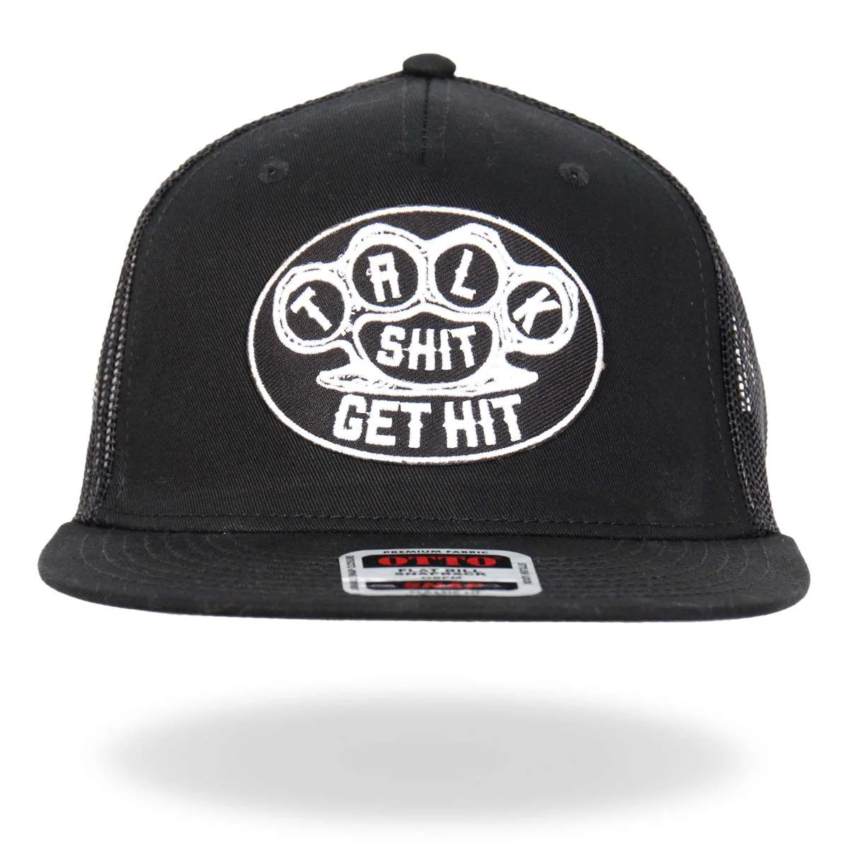 Fashionable Hot Leathers Black And White Talk Shit Get Hit Brass Knuckles Snapback Hat GSH2041 Solid