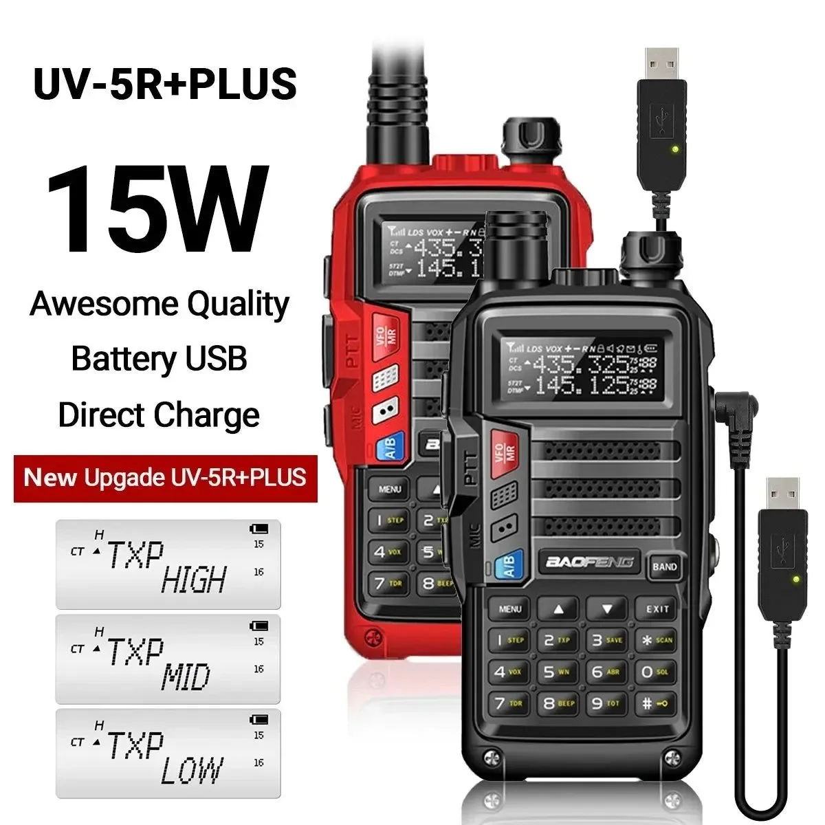 Solid 15W UV-5R Plus UHF VHF Tri-Power Walkie Talkie Lightweight