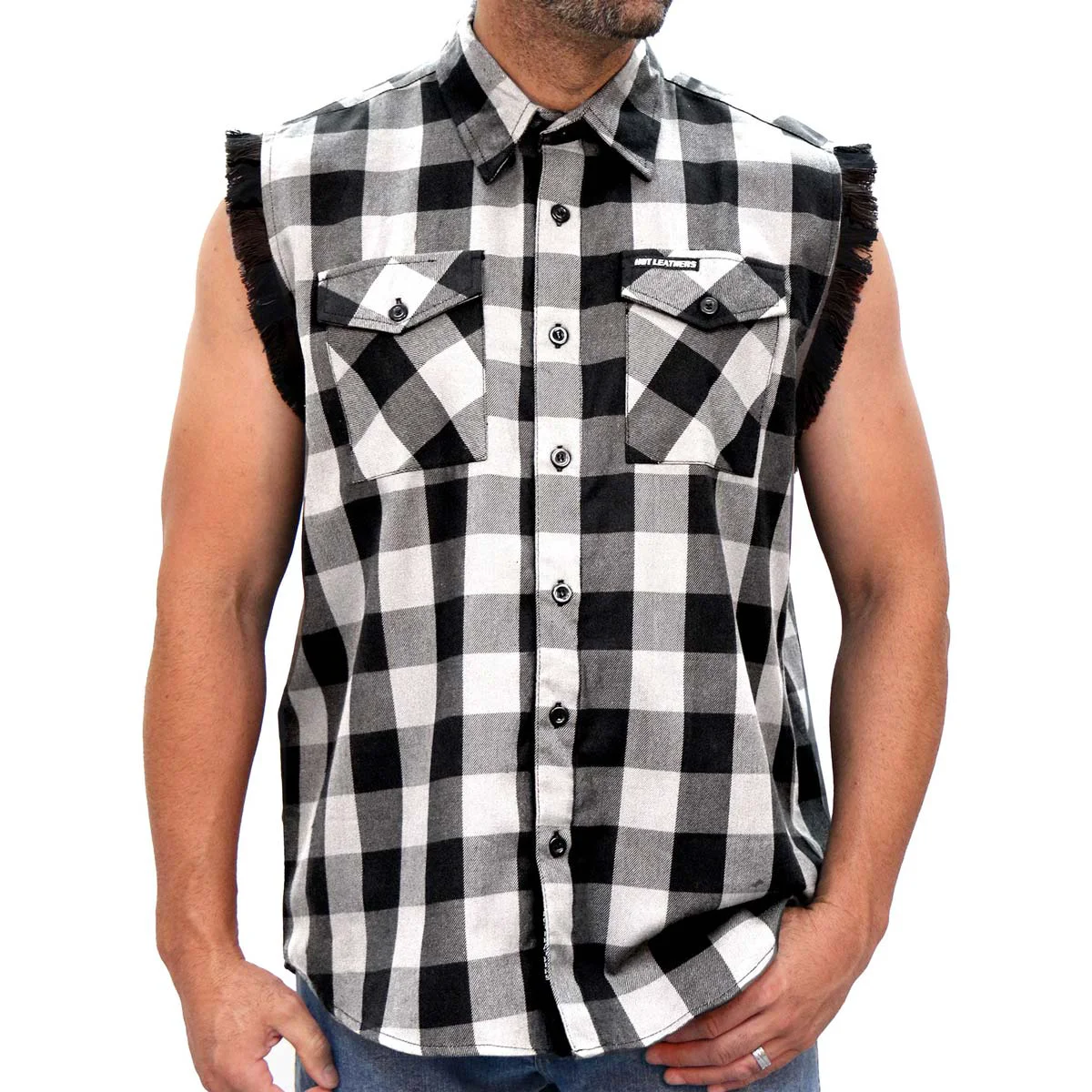 Artisan Hot Leathers FLM5202 Men's Black and White Sleeveless Flannel Fringe Shirt Responsible