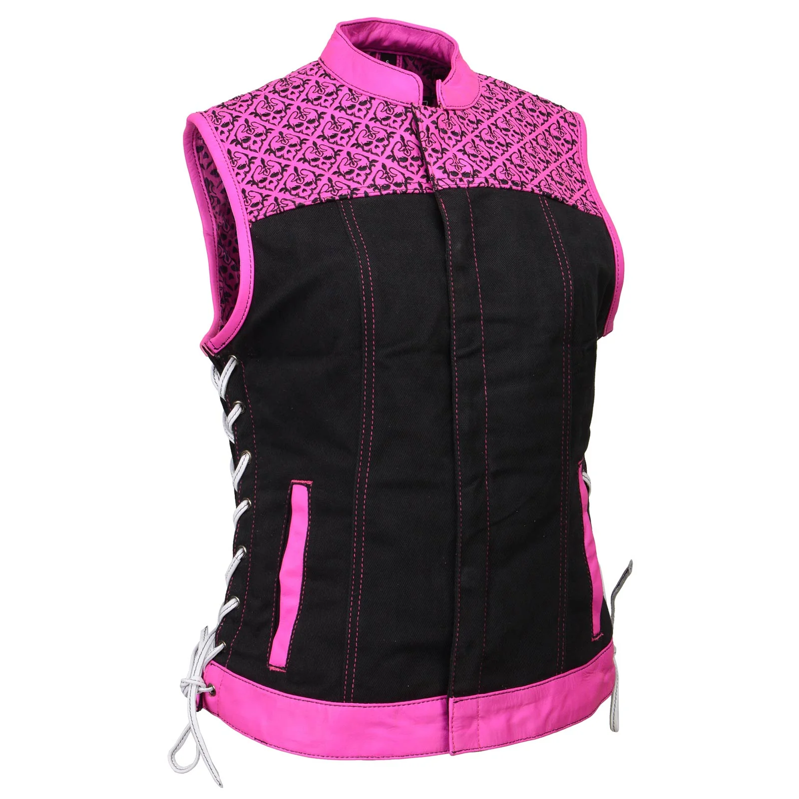 Environmentally Friendly Milwaukee Leather MDL4051 Women's 'Skelly' Black with Pink Motorcycle Denim Vest w Skull Embroidery Smooth