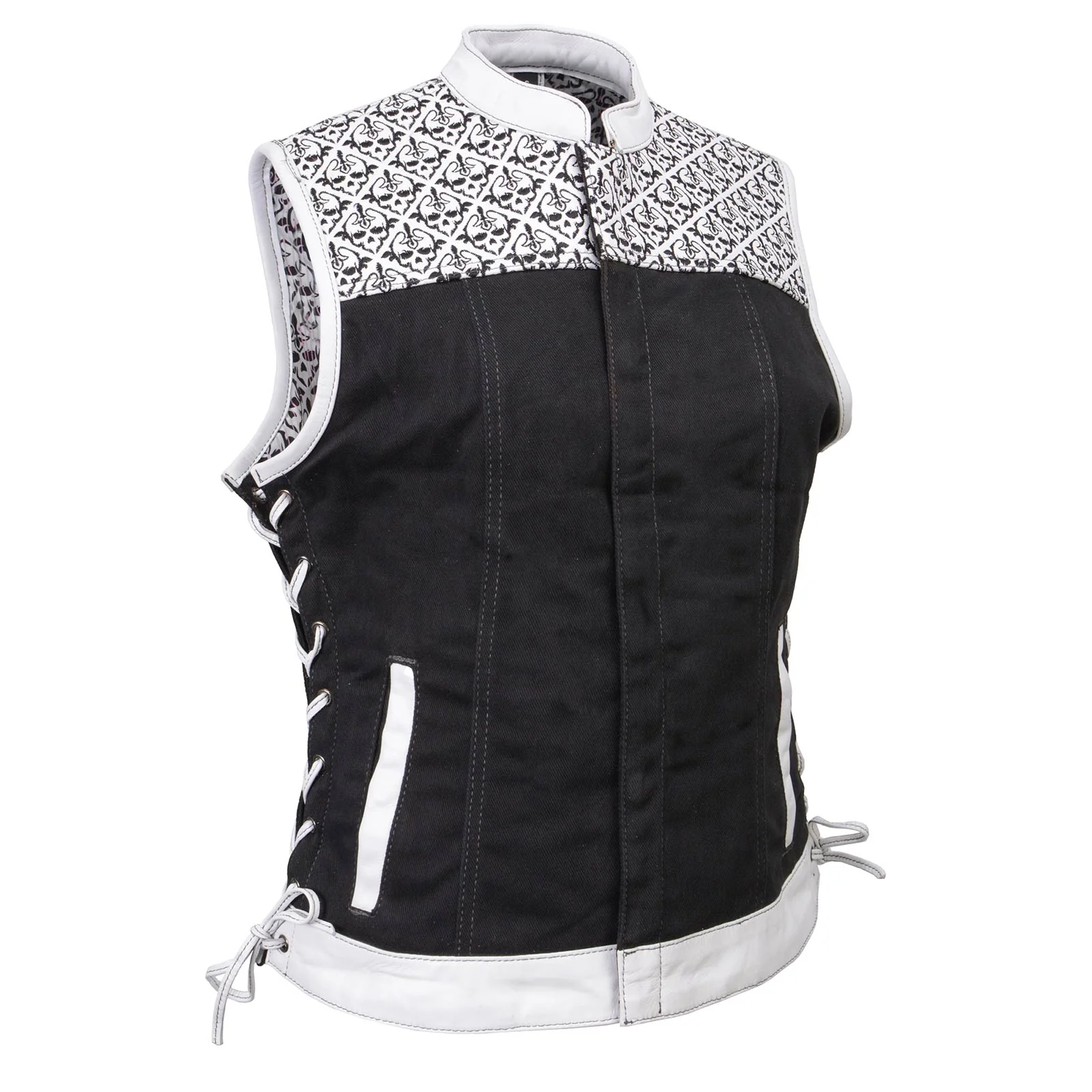 High-Quality Milwaukee Leather MDL4050 Women's 'Skelly' Black with White Motorcycle Denim Vest w Skull Embroidery Clean