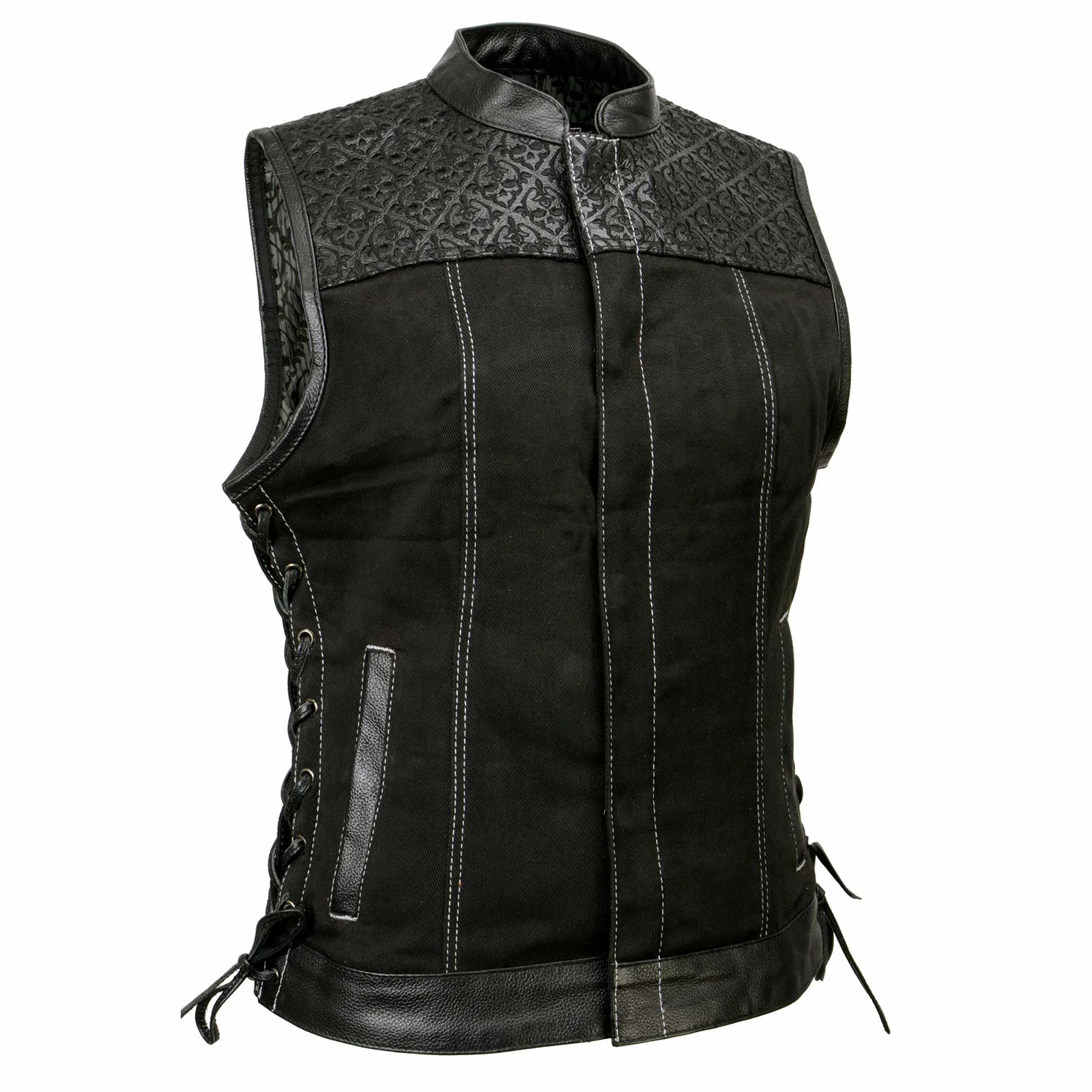 Fine Crafted Milwaukee Leather MDL4052 Women's 'Skelly' Black Motorcycle Denim Vest w Skull Embroidery Next-Generation