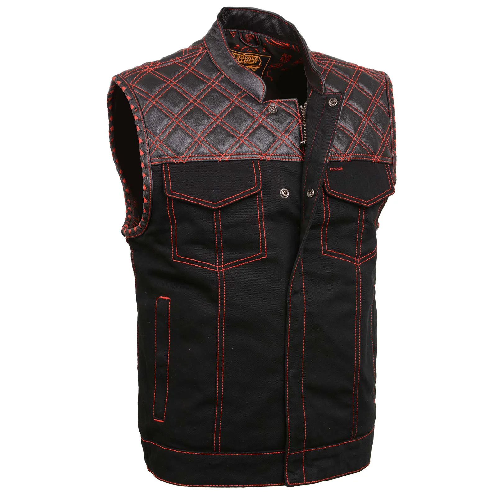 Reliable Milwaukee Leather MDM3036 Men s Wrecker Club Vest – Black Denim Leather Diamond Quilt Red Stitch Expertly Made