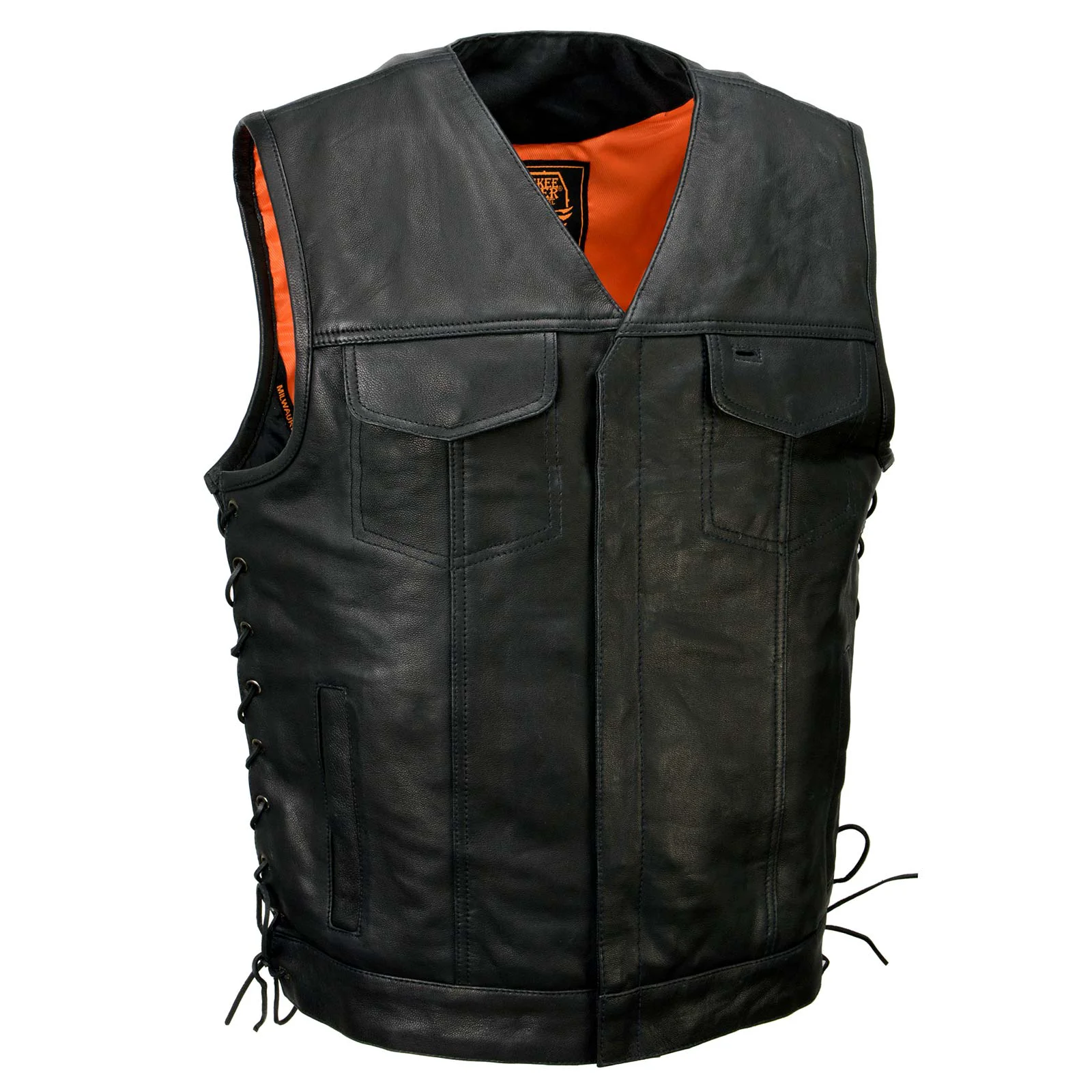Trusted Milwaukee Leather MLM3504 Men's Black 'Pursuit' V Neck Club Style Motorcycle Leather Vest with Adjustable Side Laces Excellent