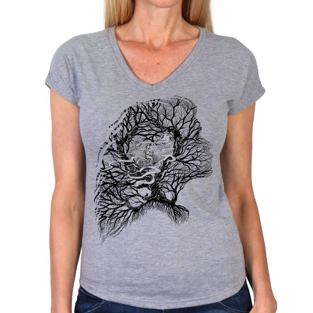 Smart Hot Leathers GLC1591 Ladies Heather Gray Riding Tree Silhouette V Neck T-Shirt Original Design