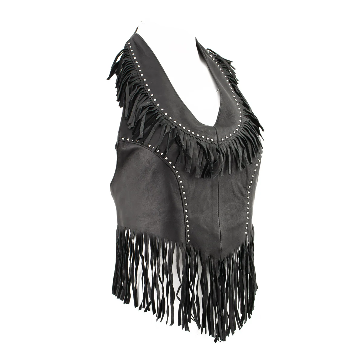 Minimalist Leather ML1897 Ladies Fringed Black Leather Halter Top Powerful
