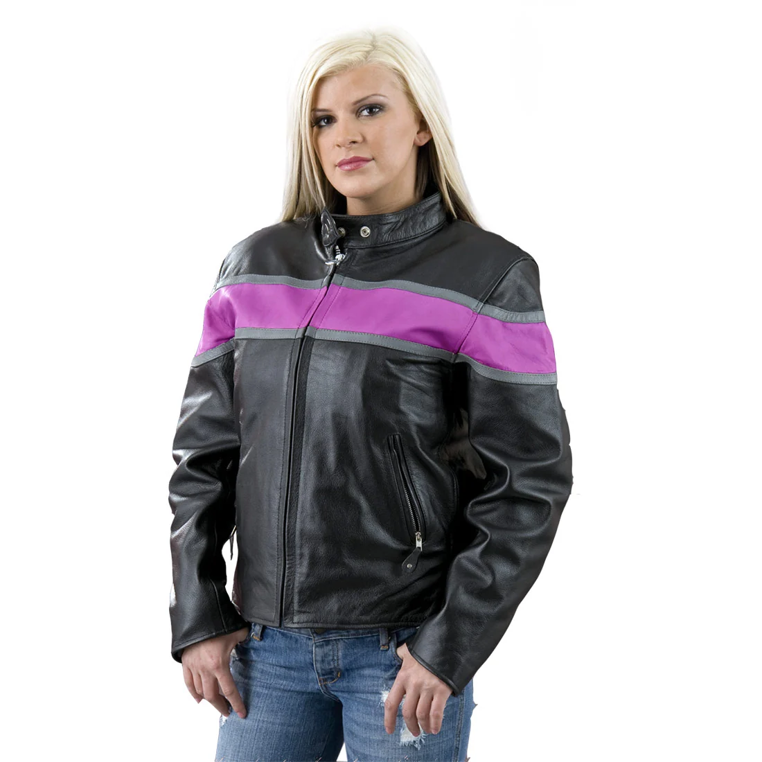 User-Friendly Leather EL7111 Ladies Black and Purple Racer Style Leather Jacket Recyclable