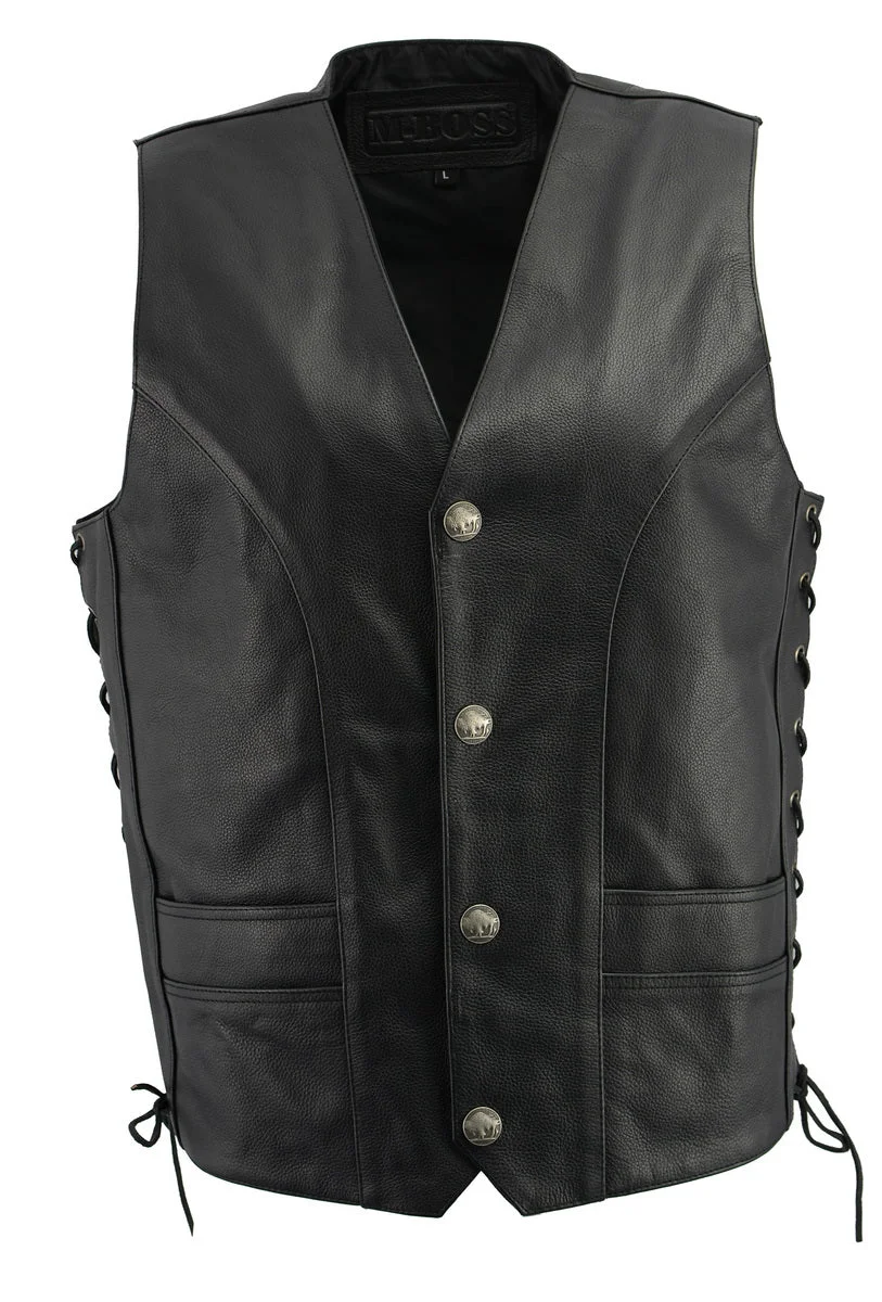 Pure M Boss Motorcycle Apparel BOS13507 Men's Black Side Lace Leather Vest with Buffalo Nickel Snaps Effective