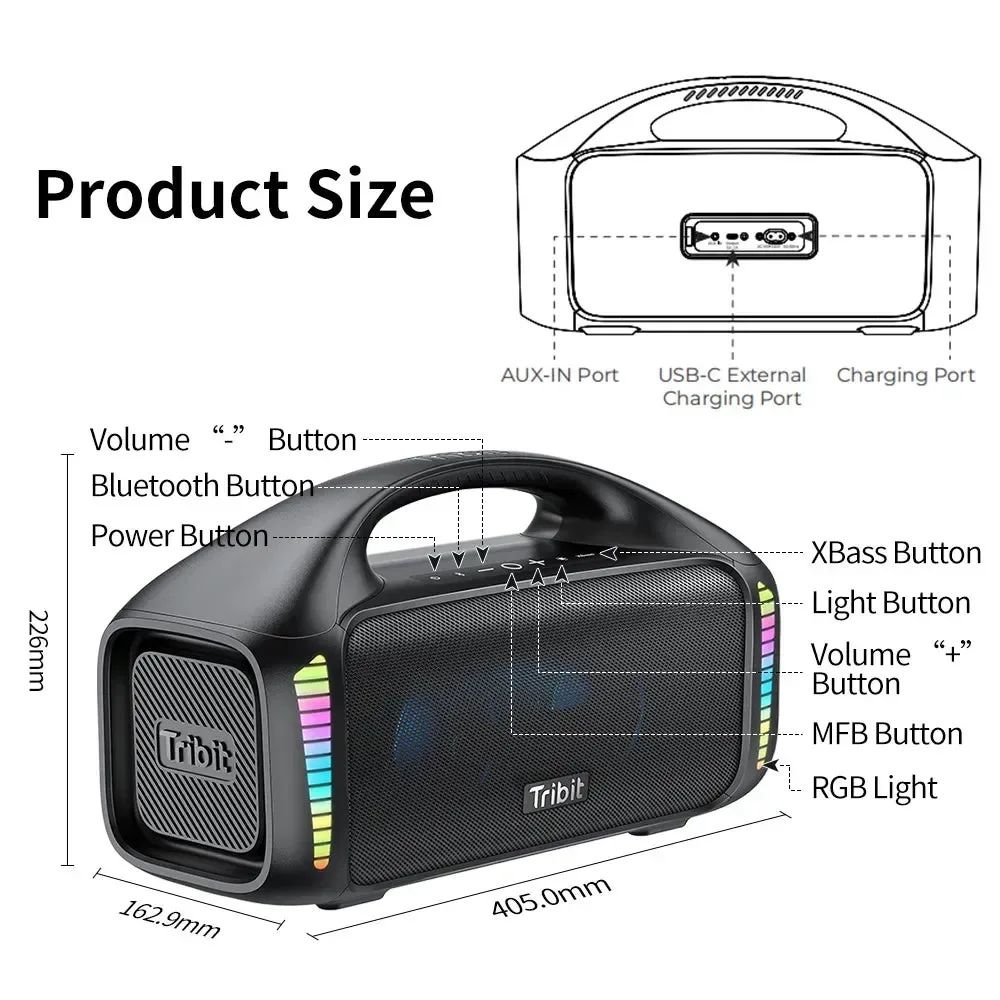 Dependable Outdoor Portable Bluetooth Speaker - IPX7 Waterproof Party and Camping Speaker with 30H Playtime Tribit StormBox Blast Wireless Bluetooth Speaker Main Features90W Powerful SoundBluetooth 5.3Up To 30hrs Of Playtime32 LED Ambient Light DesignIPX7 WaterproofCustomize EQ ModesBuilt-in PowerbankWireless Dual Stereo PairingSuitable For Multiple EnvironmentsProduct IntroductionWhat's in the box Trusted