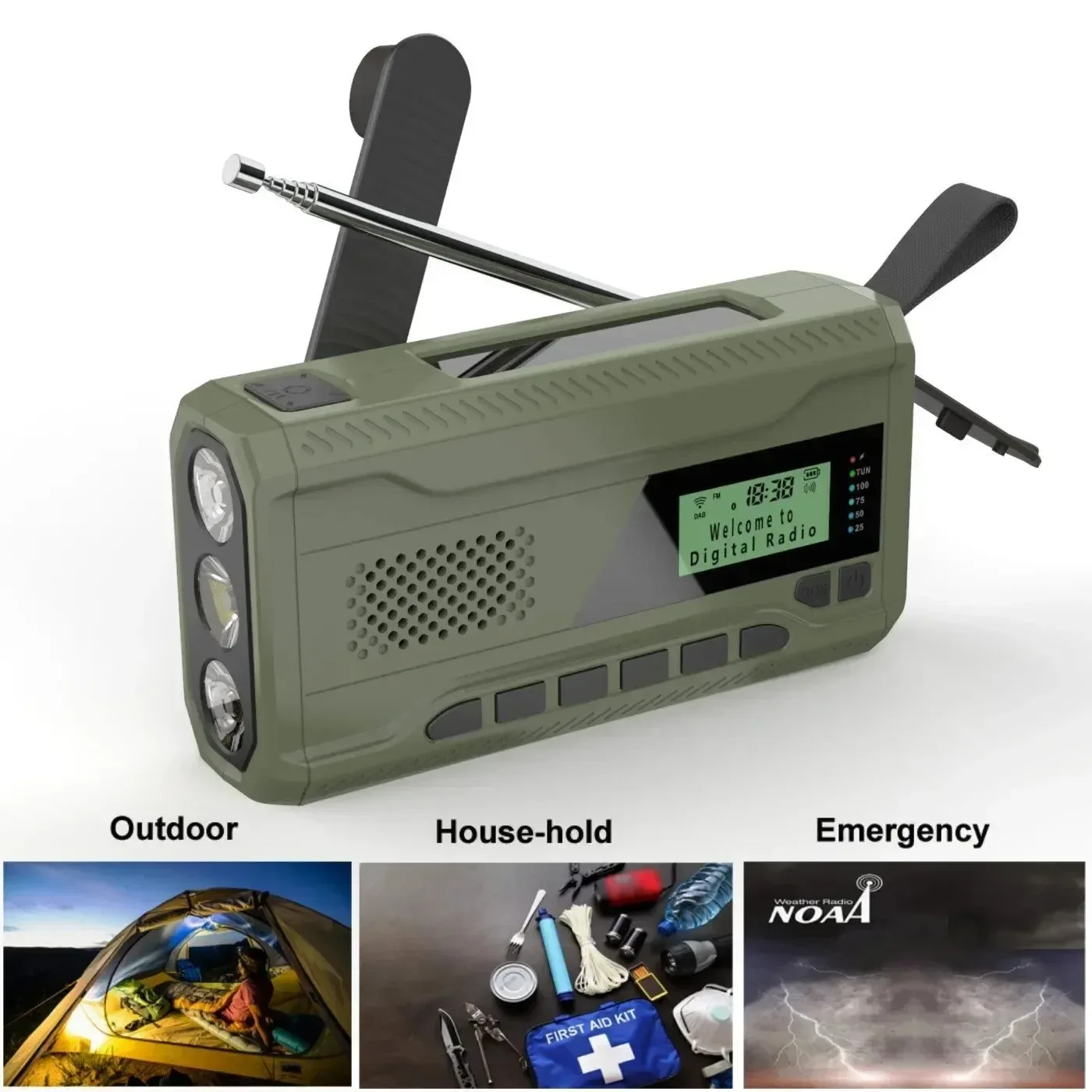 Trusted NOAA DAB FM Radio Emergency Radio Portable Solar Radio Receiver Hand Crank Dynamo Outdoor Bluetooth Speaker with LED Flashlight Pure